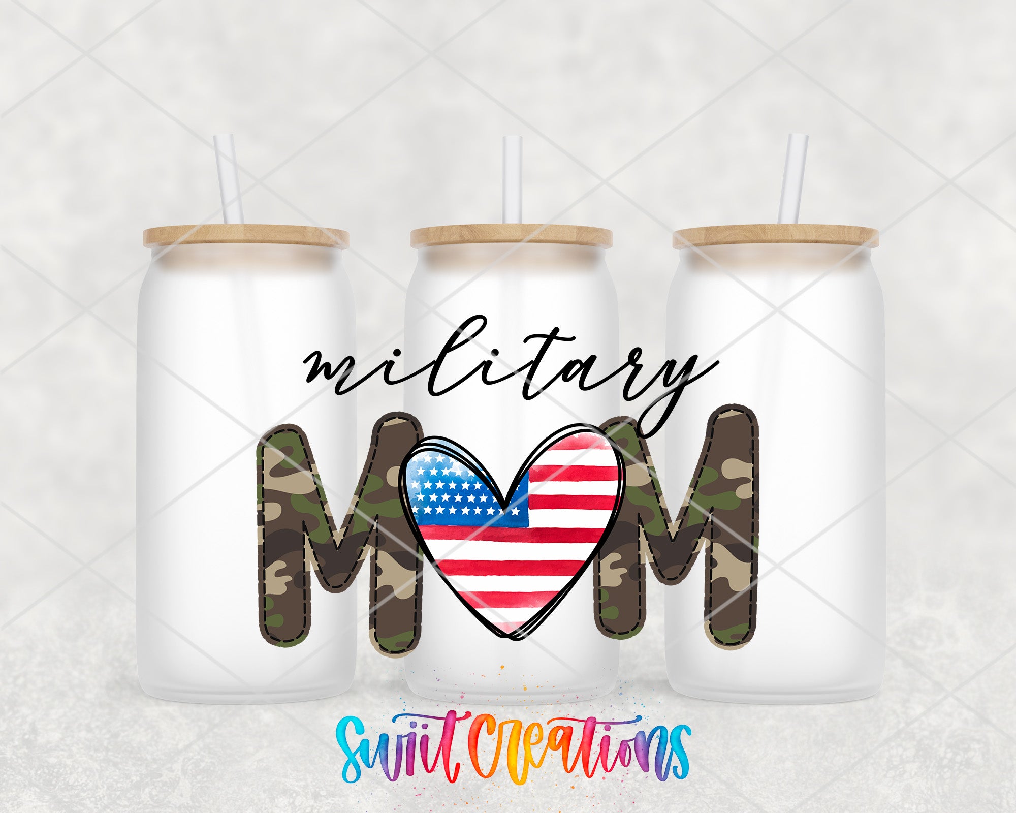 three white tumblers with the text "military mom" and an American flag design, along with a heart-shaped logo.
