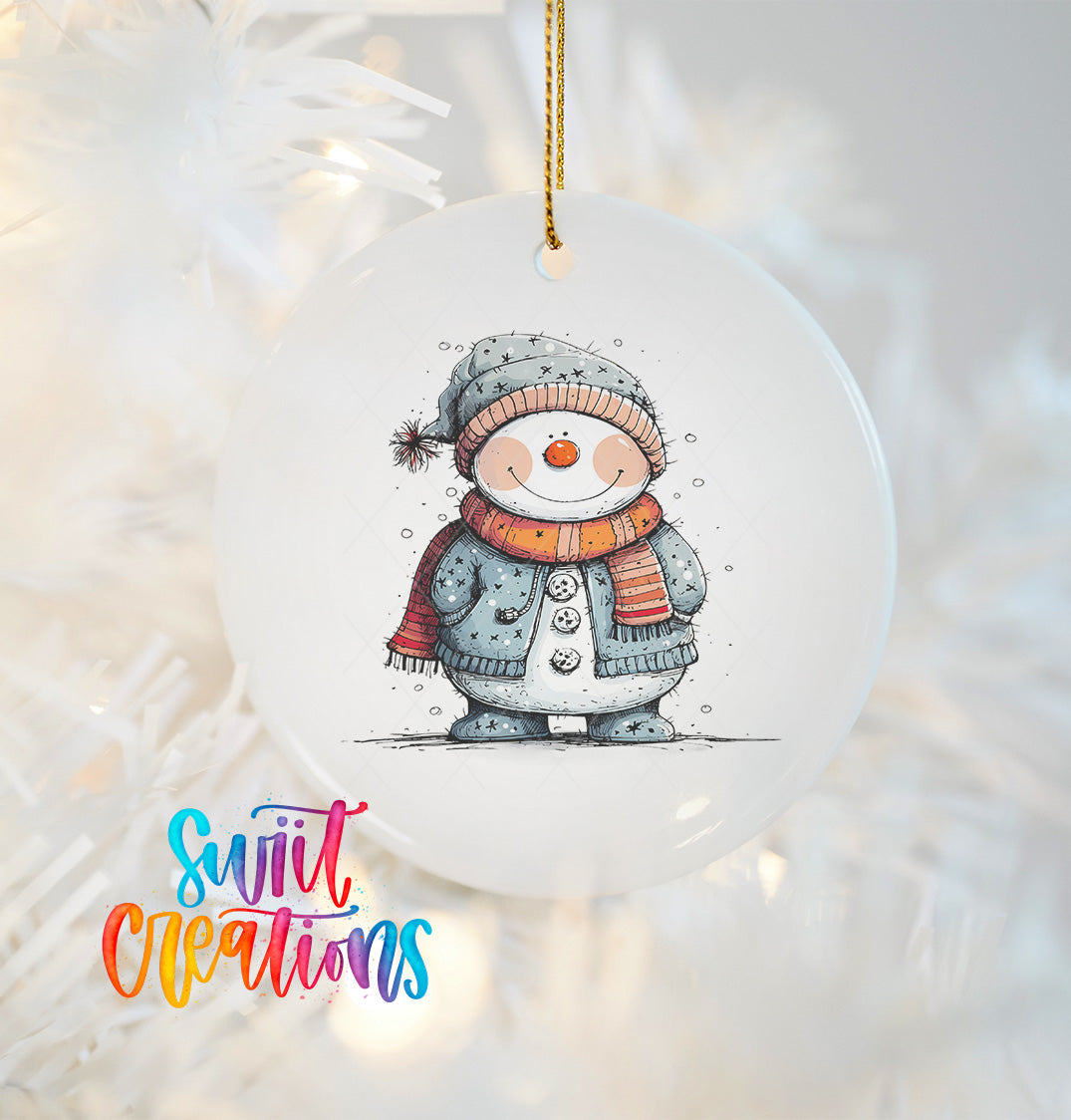A ceramic ornament featuring a snowman with a scarf and hat, hanging on a string.