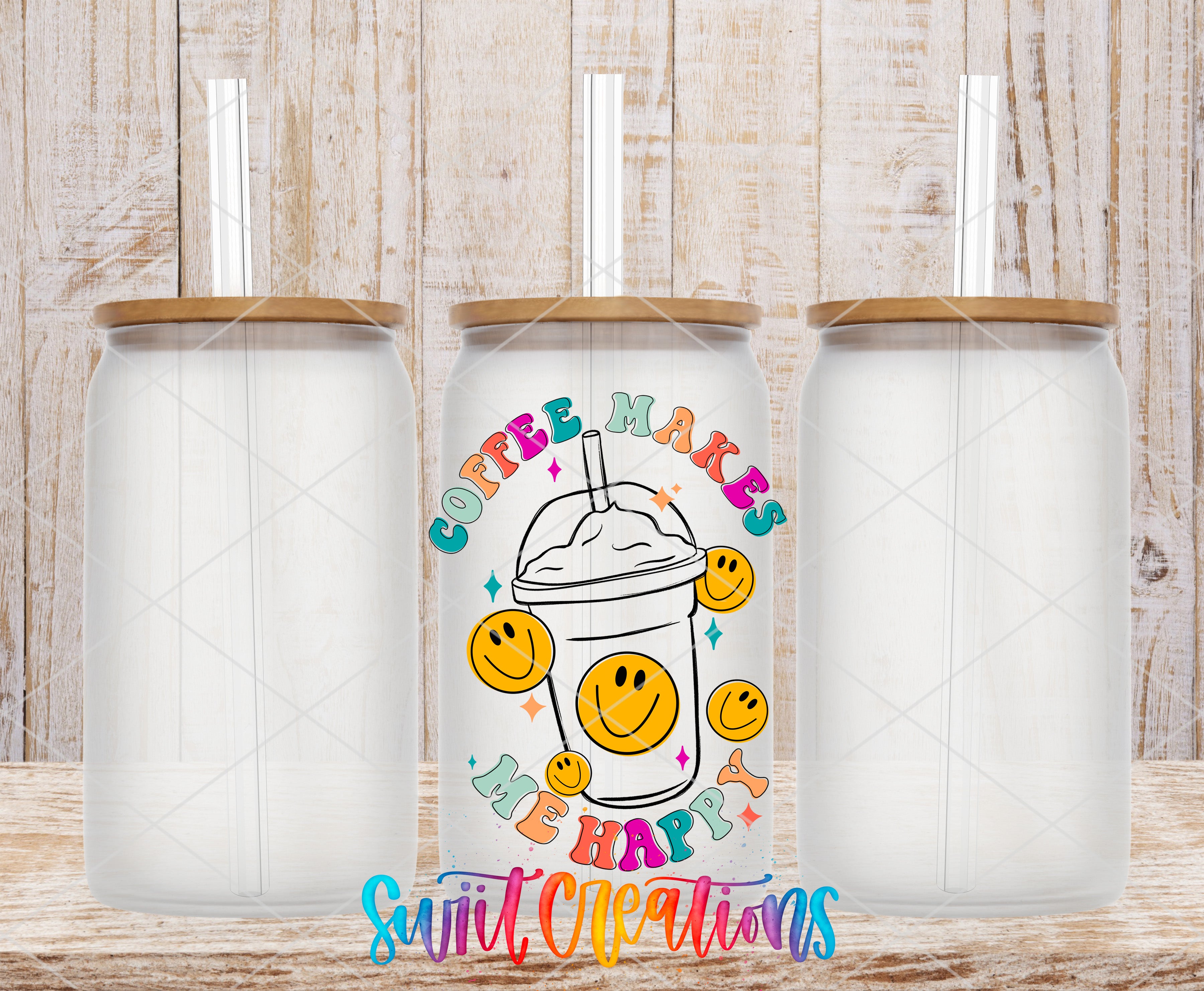 three clear glass jars with lids, each containing a straw. The jars are arranged in a row, with the middle jar having a colorful design featuring a coffee cup with a smiley face and the text "COFFEE MAKES HAPPY".
