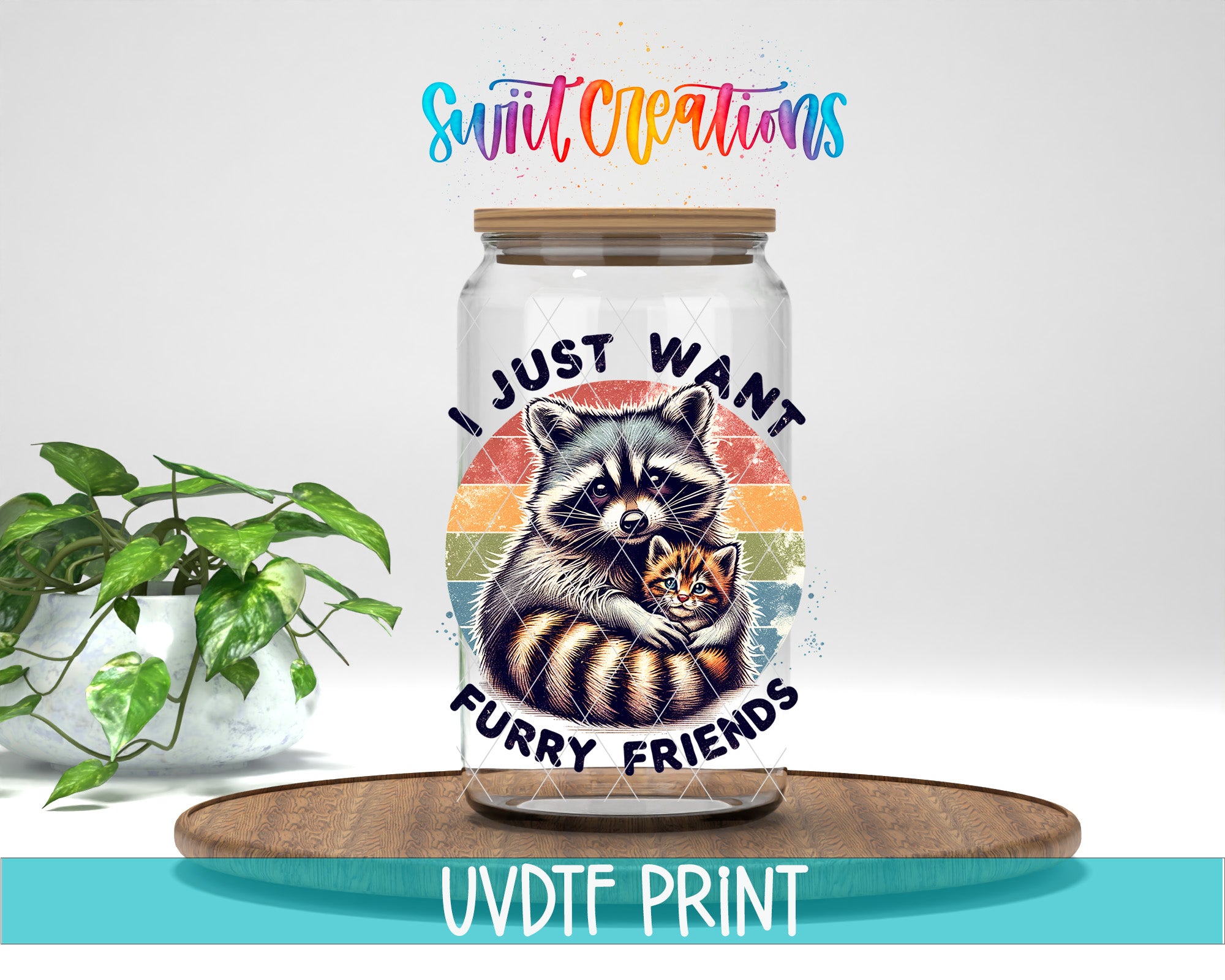 a glass jar with a raccoon on it