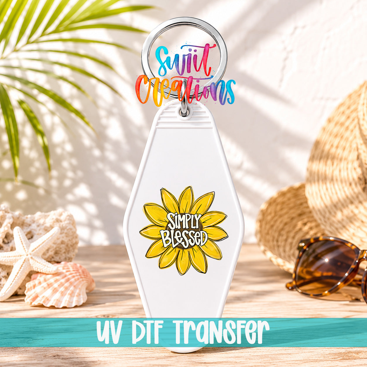 A keychain with a sunflower design and the text "Simply Blessed" printed on it, placed on a wooden surface with sunglasses and a straw hat in the background.