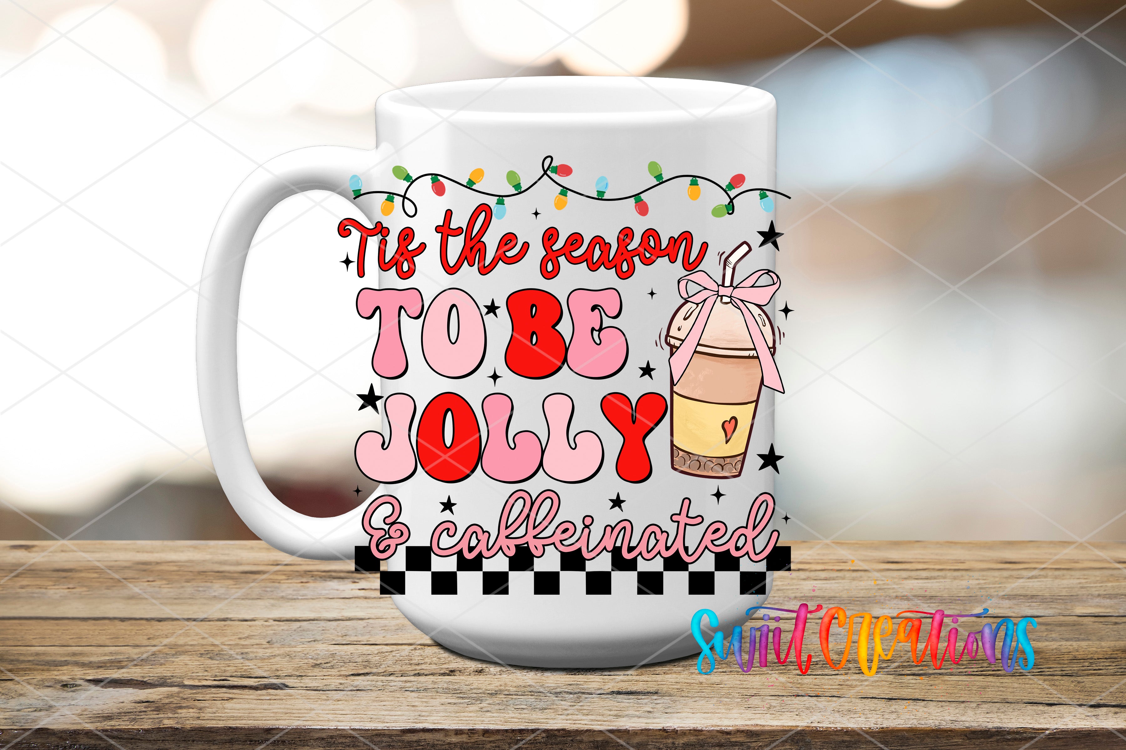 Swiit Creations UV DTF Jolly and Caffeinated Christmas transfer applied to a white ceramic mug