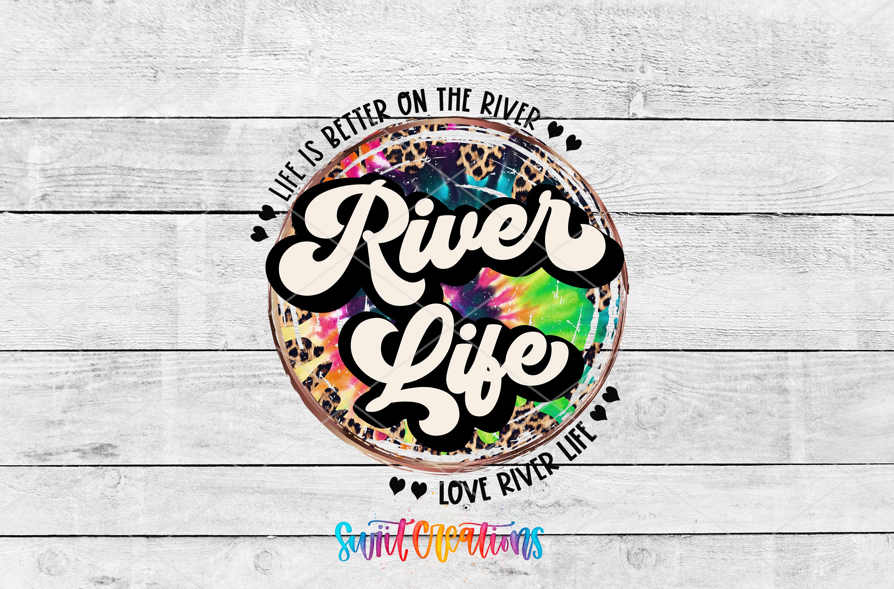 Swiit Creations UV DTF River Life transfer shown as the full artwork preview