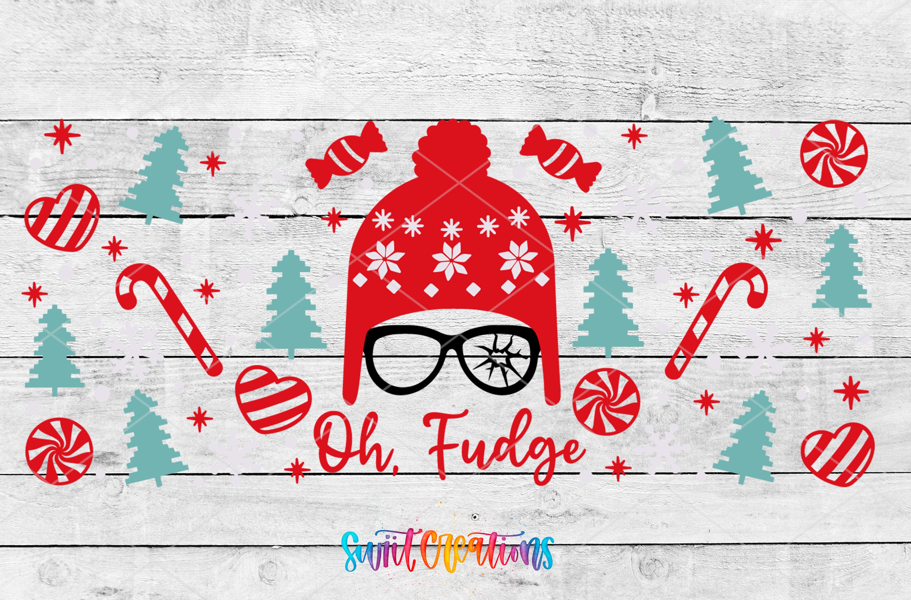 The image is a collage of various Christmas-themed elements, including a red beanie with a snowflake design, candy canes, pine trees, and a pair of glasses with the text "Oh, Fudge" written on them.