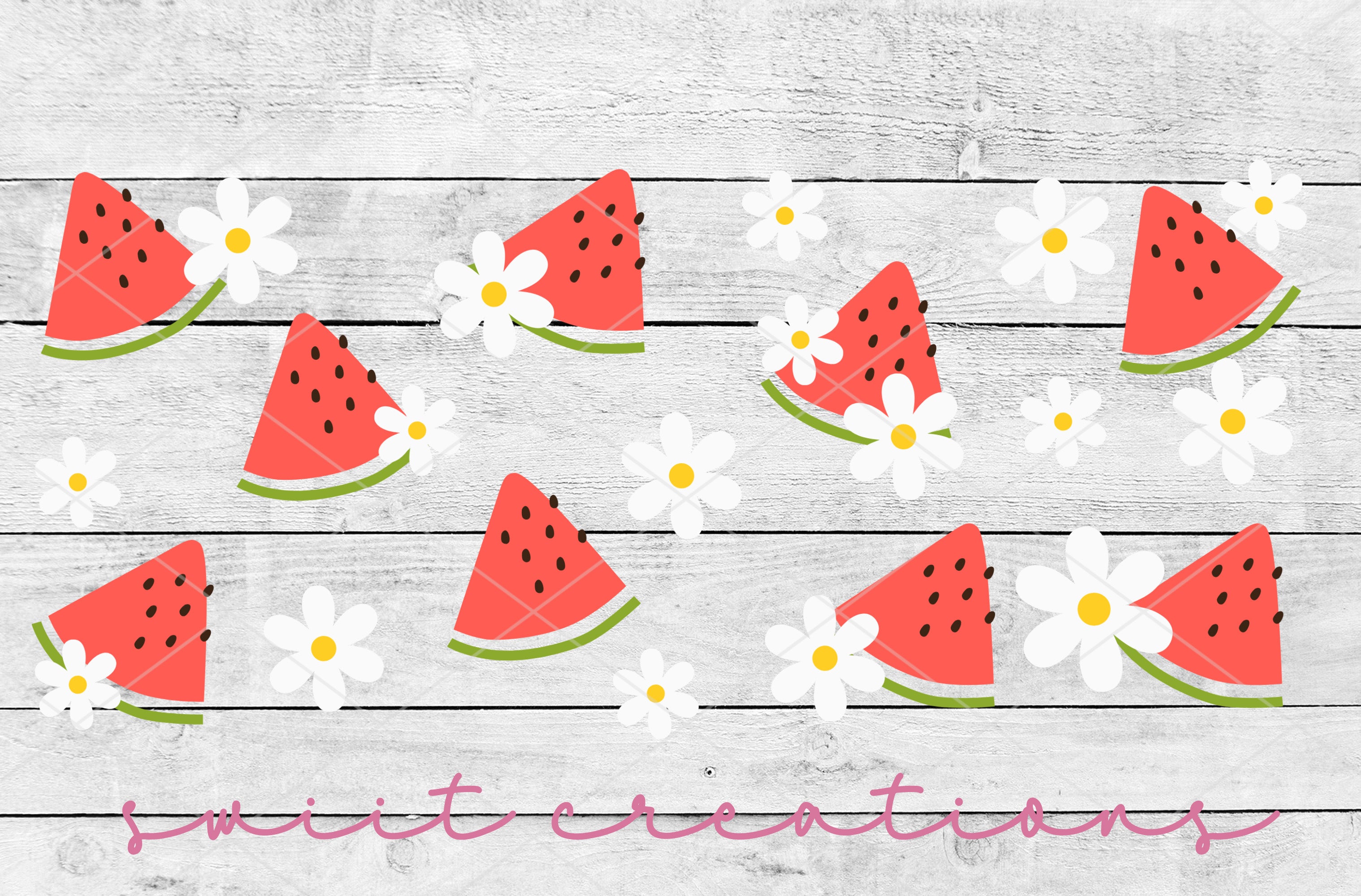 watermelon slices and daisies on a wooden background