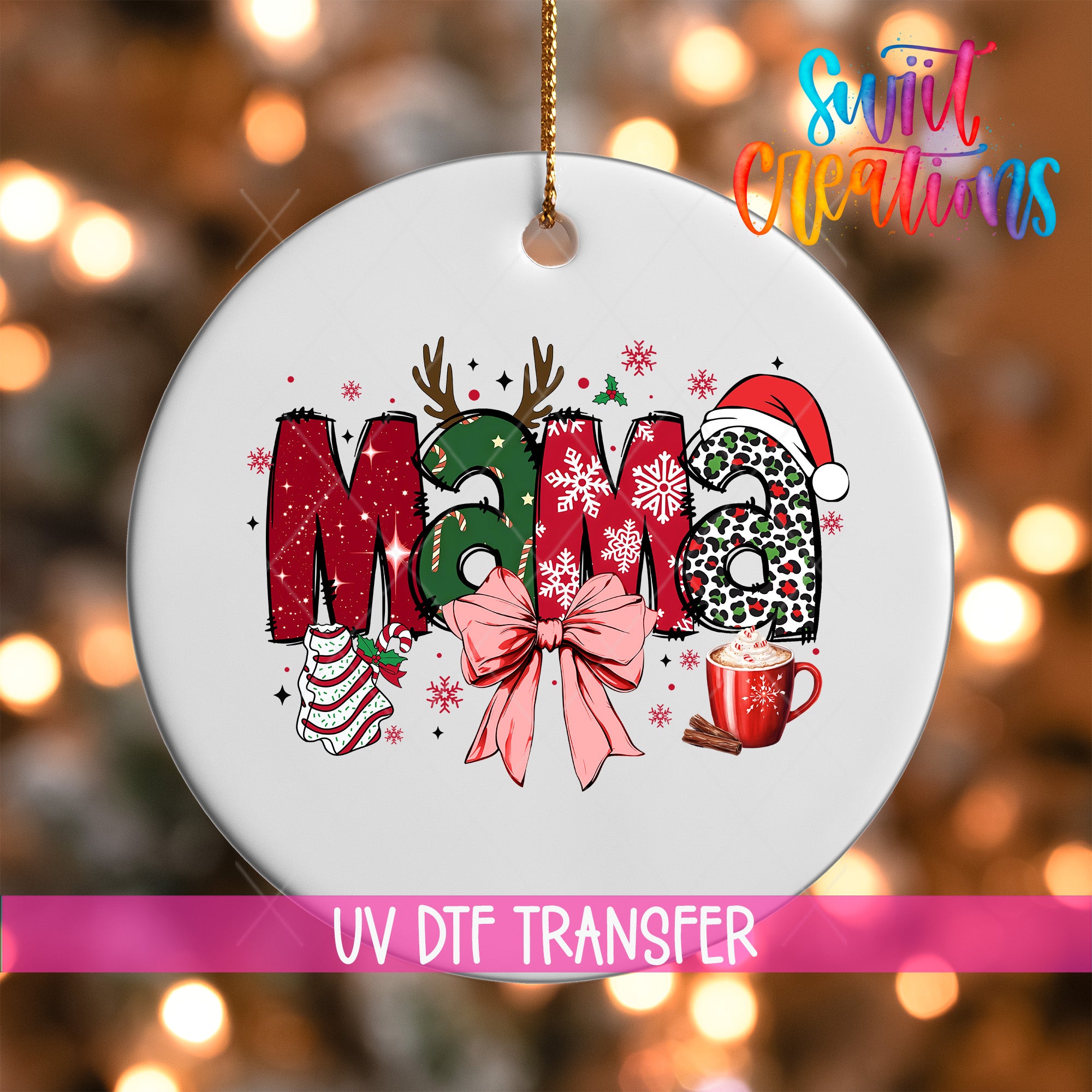 A white ceramic ornament with the word "MAMA" written in a stylized font, surrounded by various Christmas-themed elements such as snowflakes, reindeer, and a mug of hot chocolate.