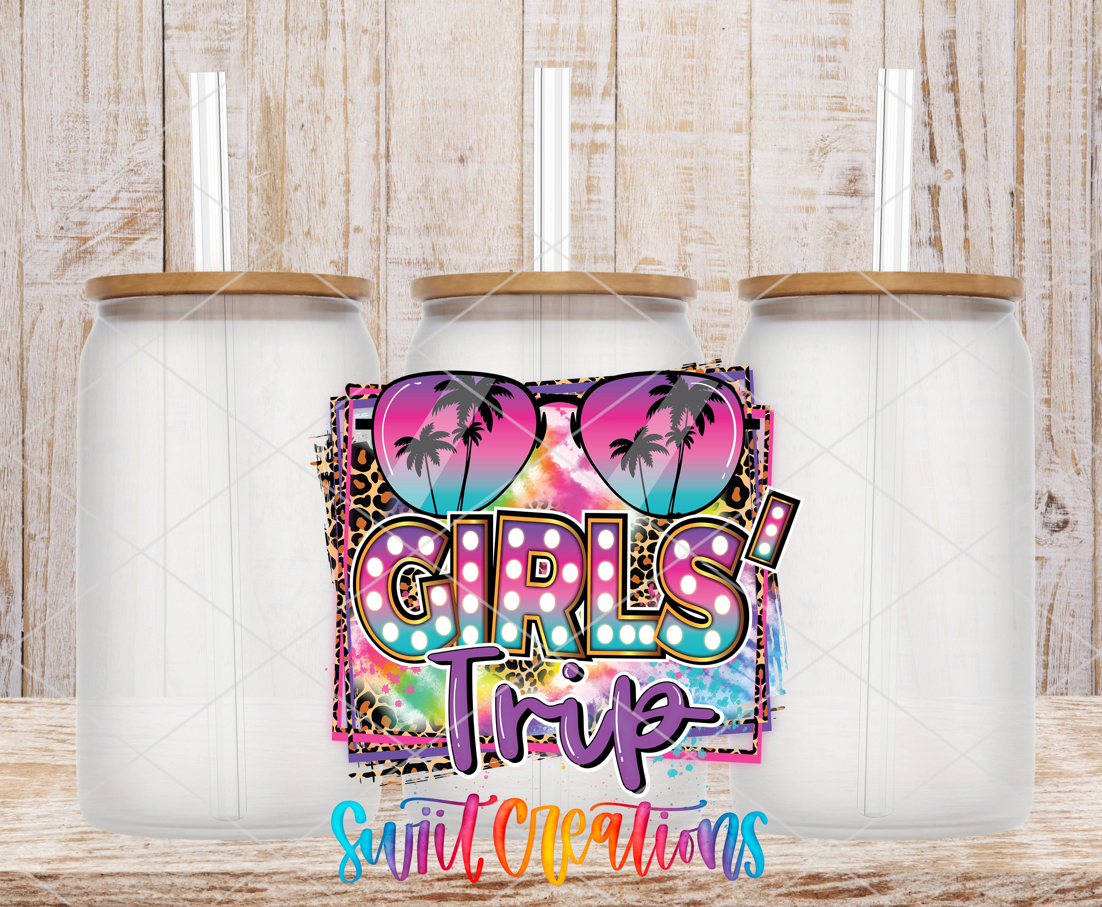 Swiit Creations UV DTF Girls Trip transfer shown on a clear glass can set