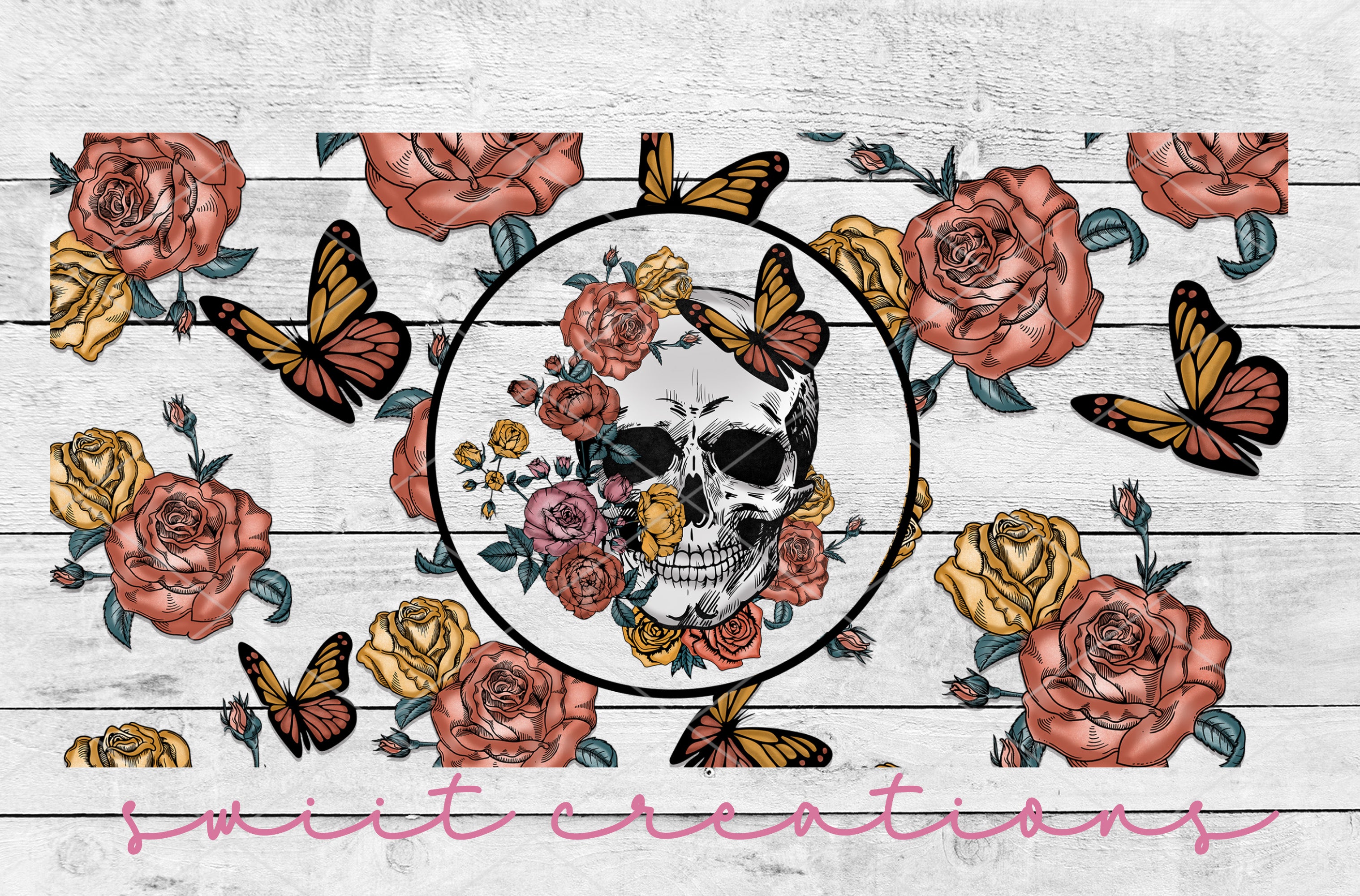 a picture of a skull surrounded by roses and butterflies