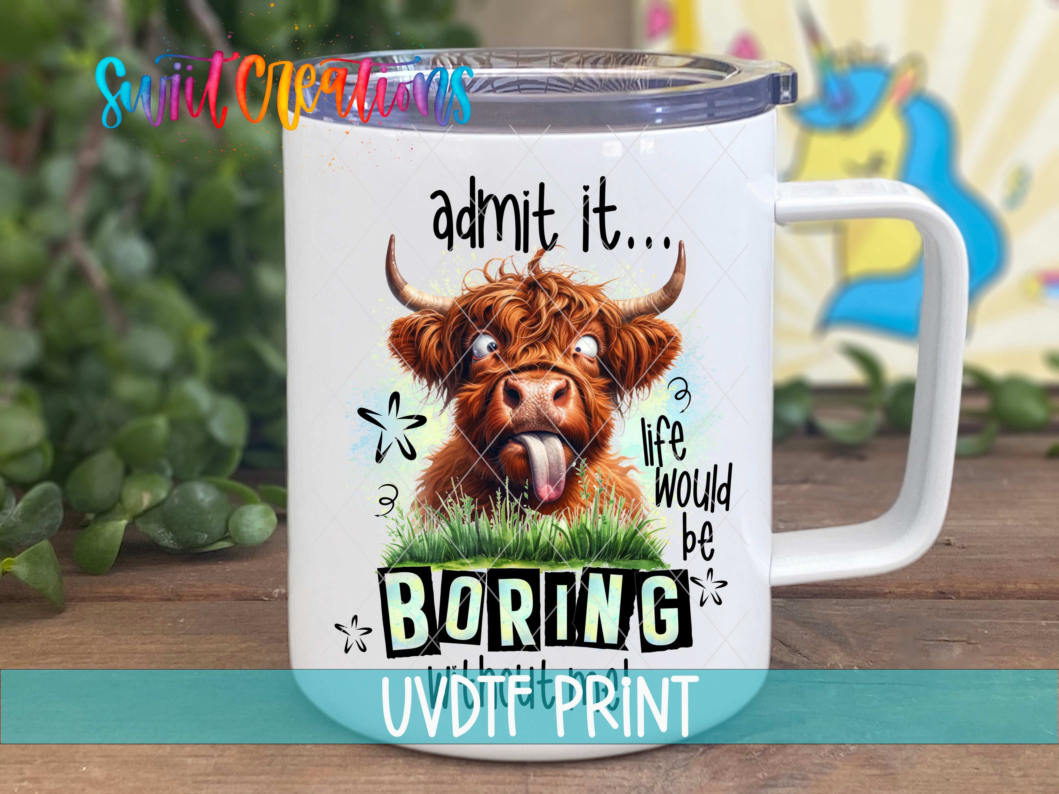 a coffee mug with a picture of a cow on it