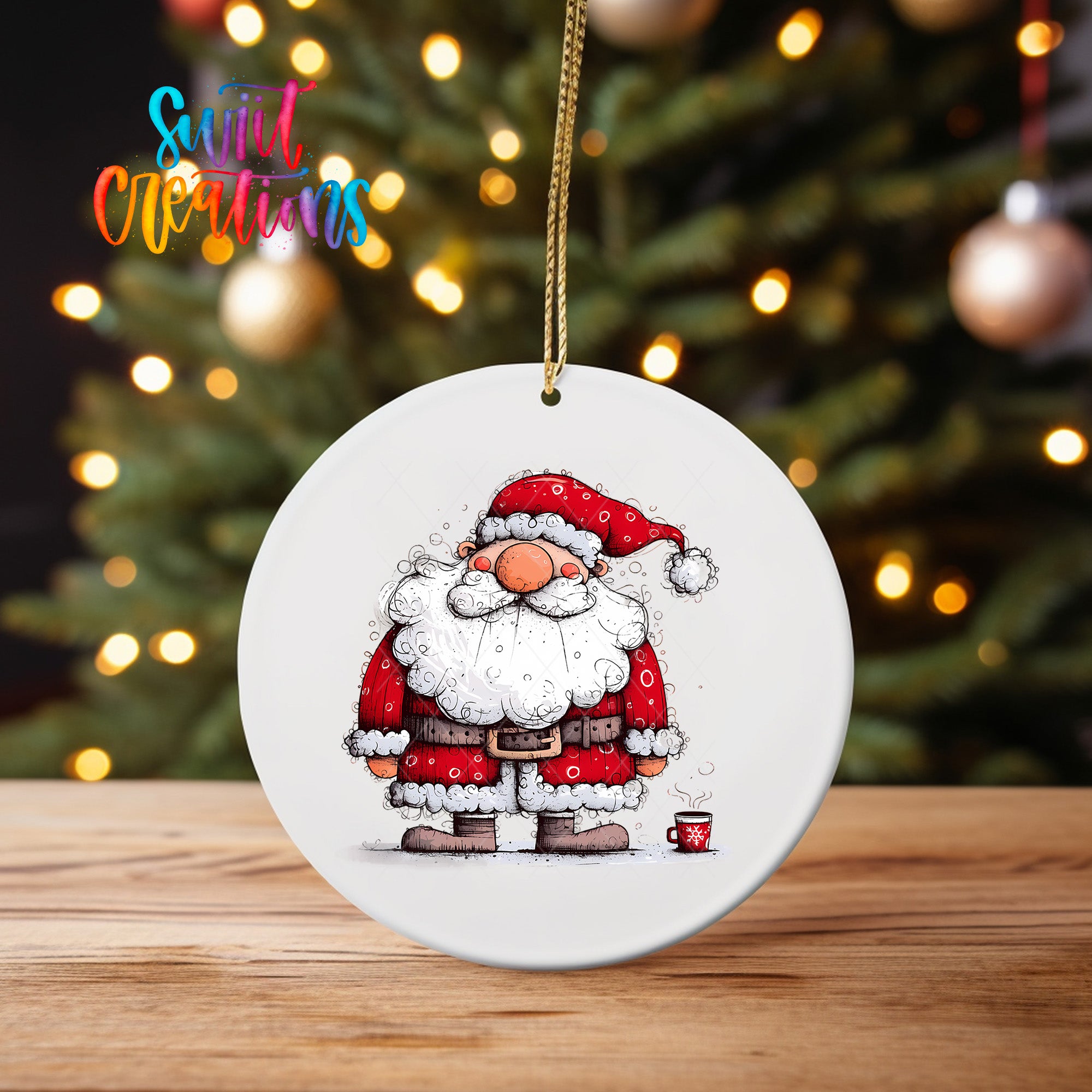 A white ceramic ornament featuring a cartoon illustration of Santa Claus holding a mug of hot chocolate, with a blurred background of Christmas lights.