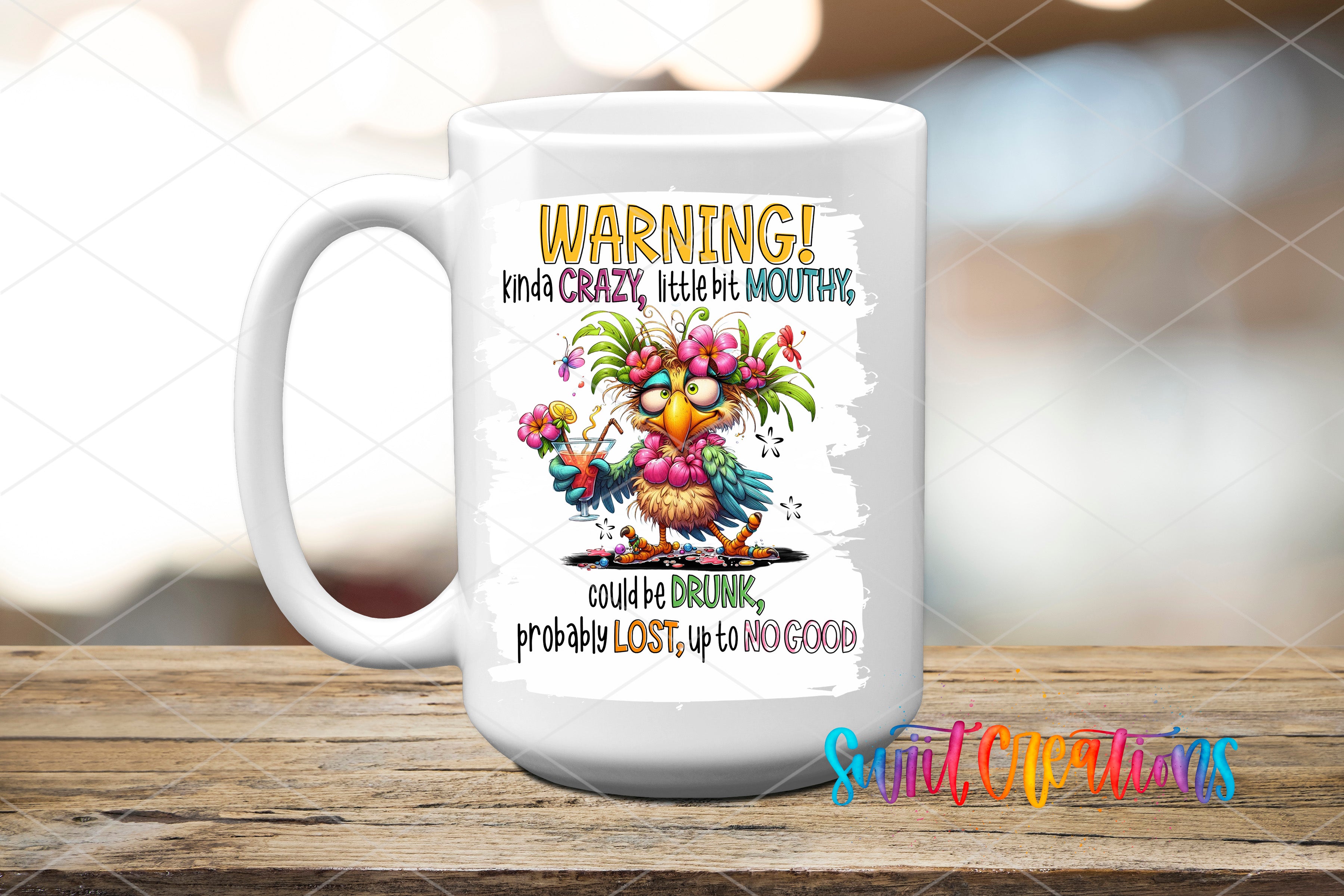 A white mug with a colorful cartoon owl design and text on it.