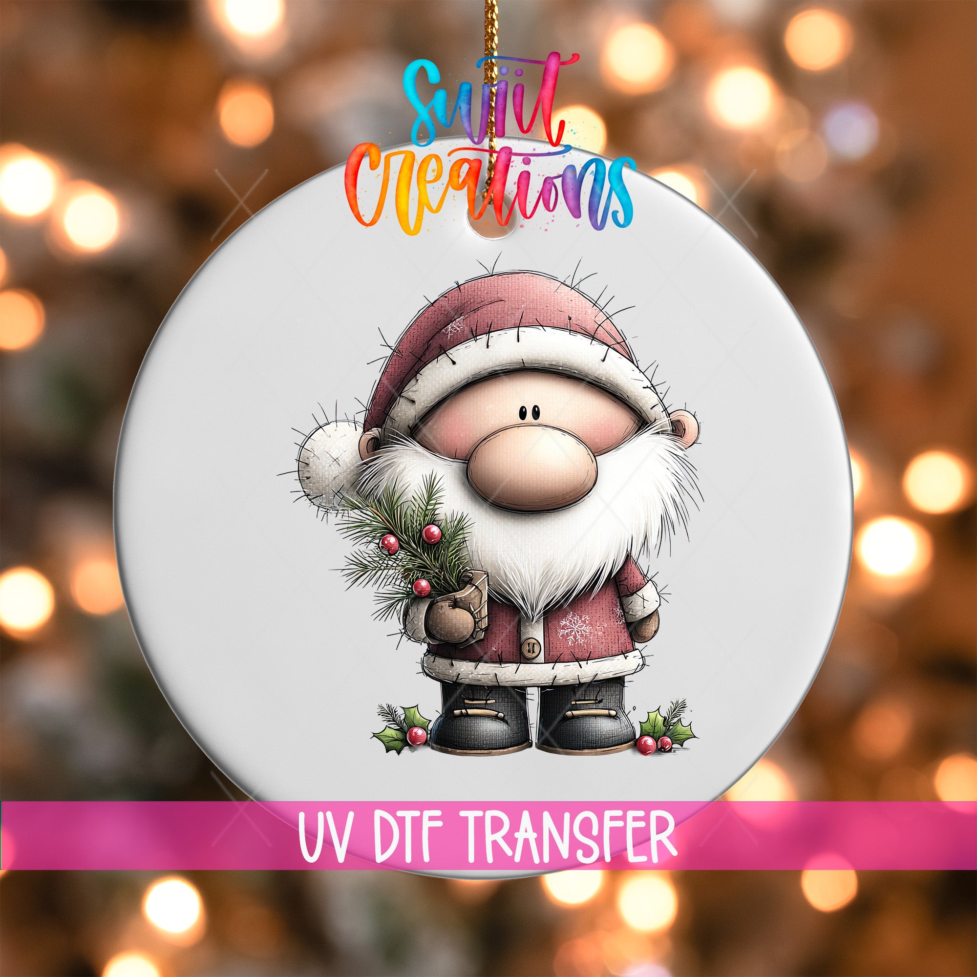 A white ornament with a cartoon Santa Claus figure holding berries and holly leaves, with a colorful background of lights.