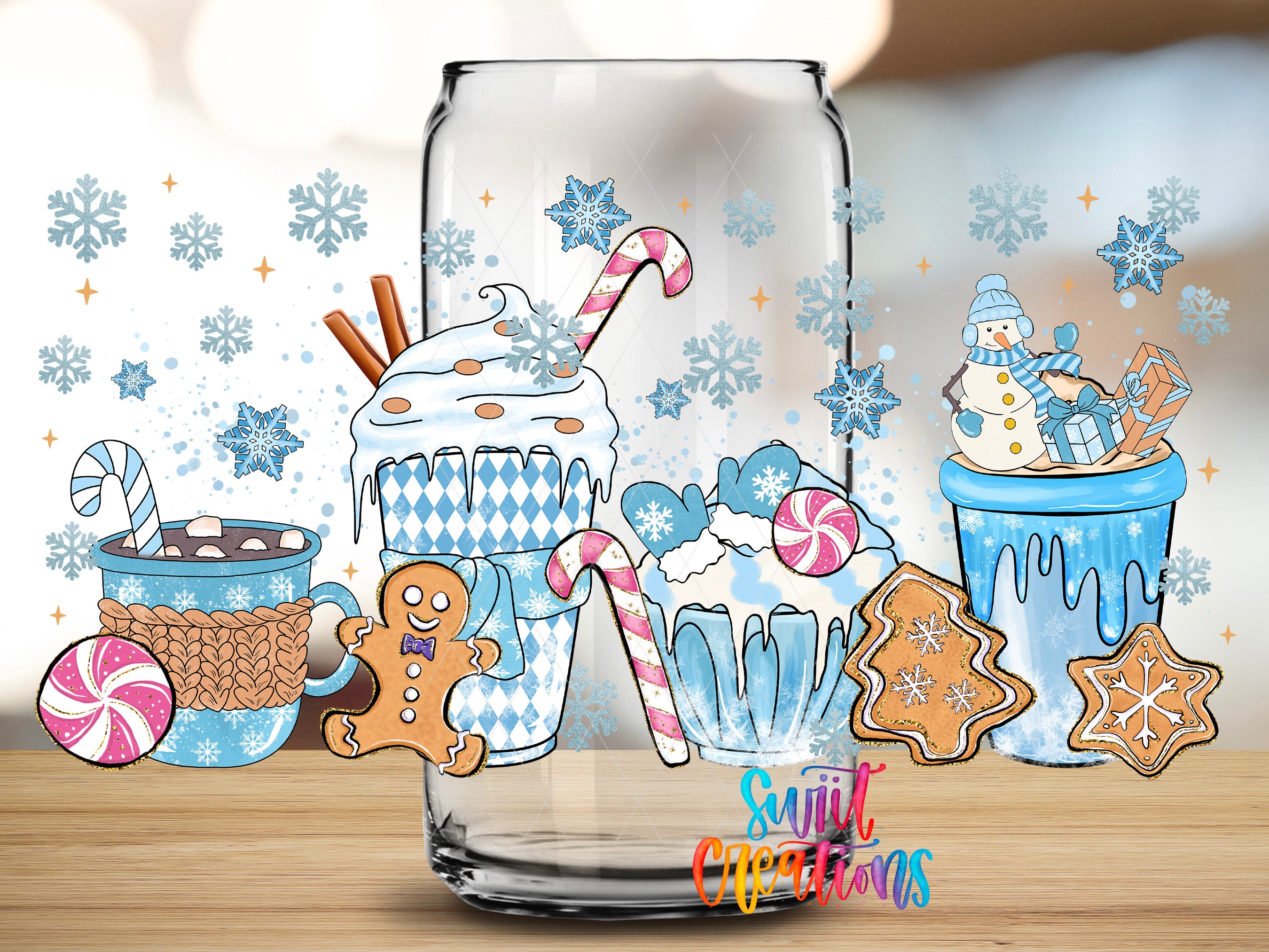 A glass jar filled with various sweet treats, including a gingerbread man, a snowman, and a cup of hot chocolate, surrounded by snowflakes and other festive decorations.
