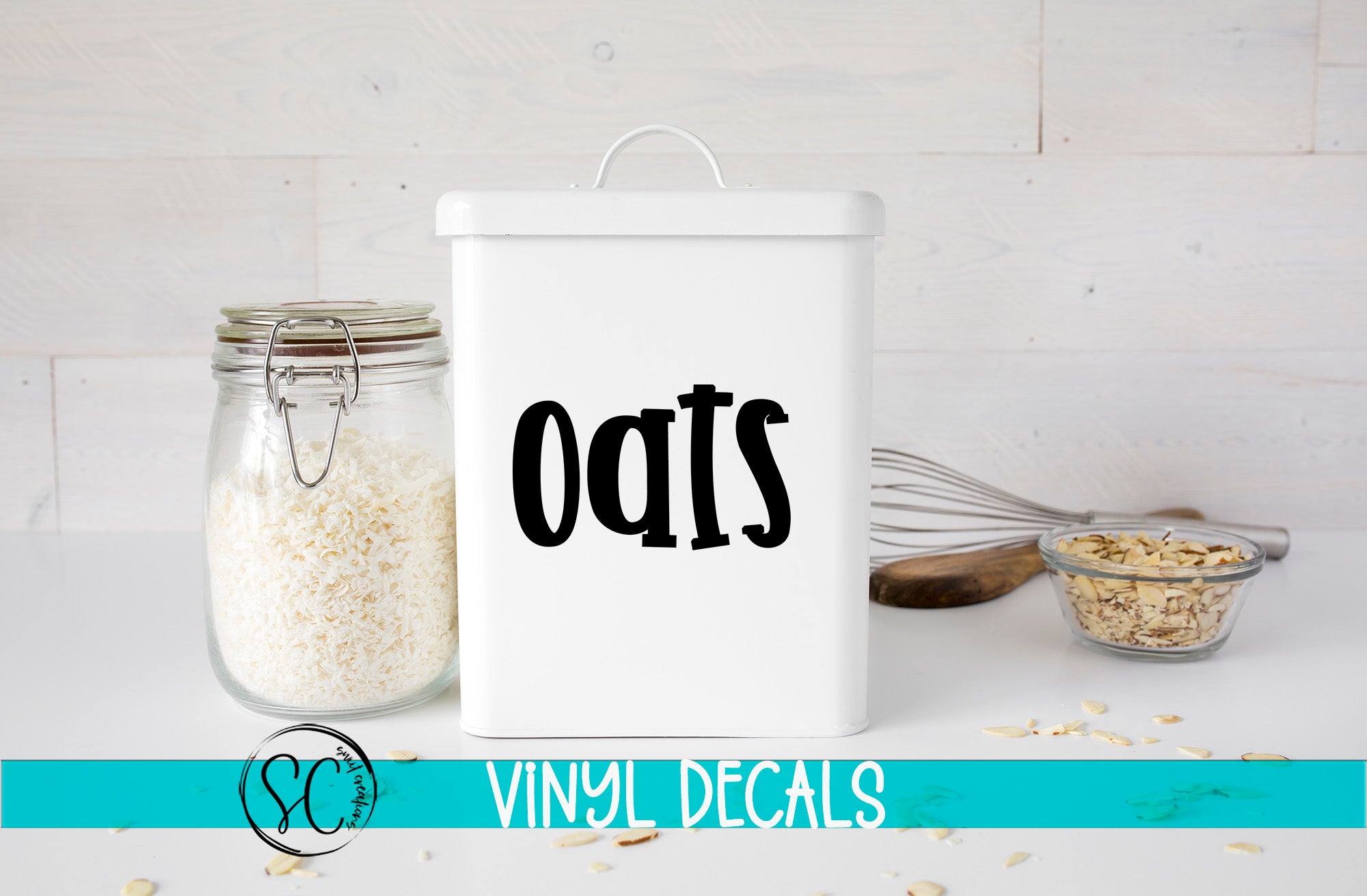 a canister with oats in it next to a bowl of oats