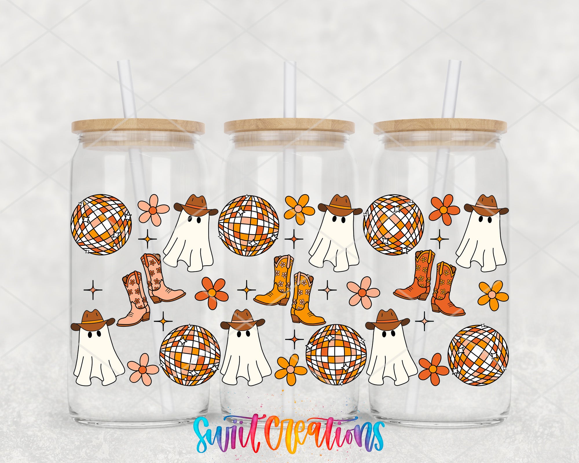 three glass tumblers with a repeating pattern of ghost, disco ball, and cowboy-themed illustrations.
