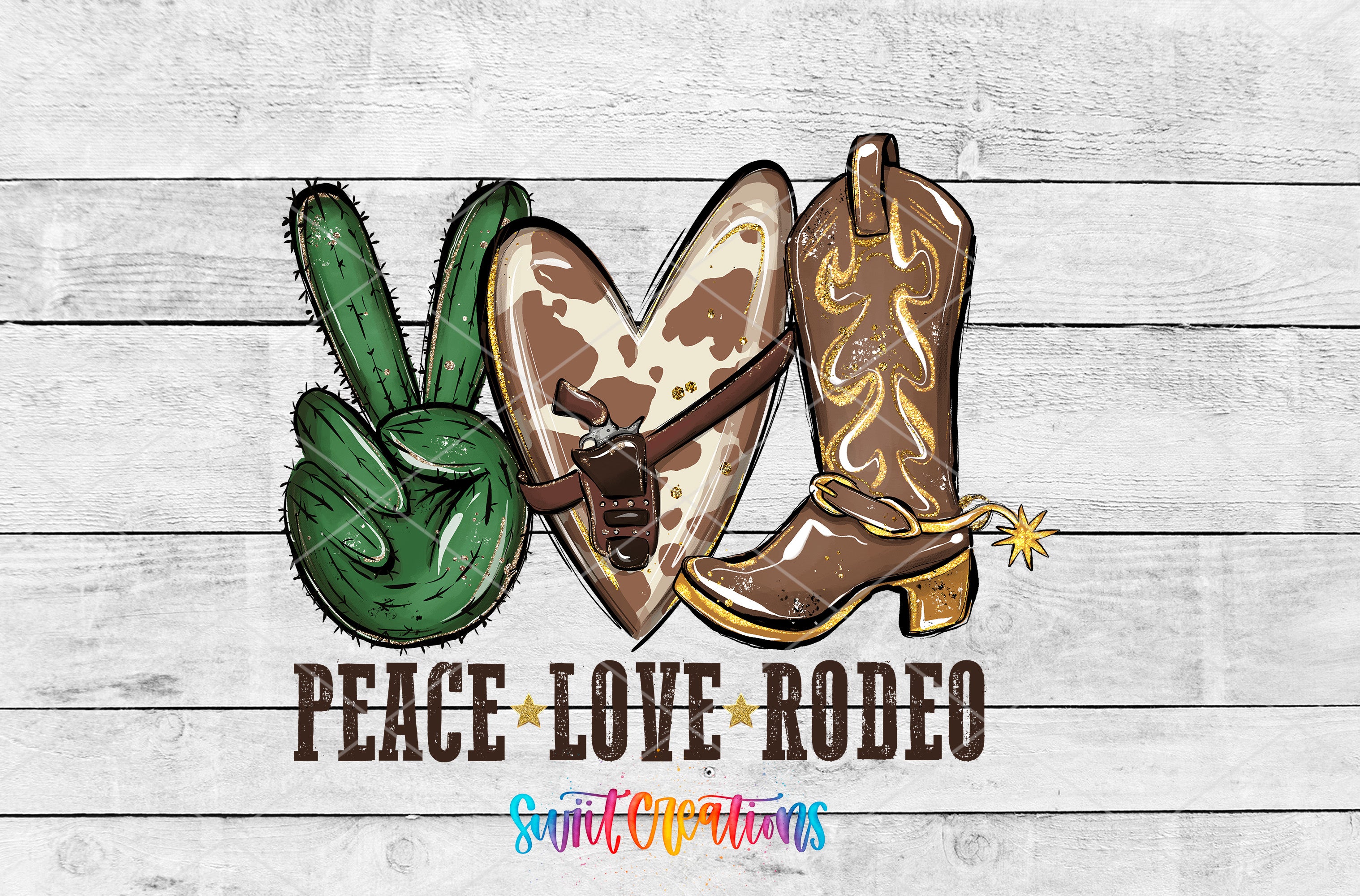 Swiit Creations UV DTF Peace Love Rodeo Western transfer shown as the full artwork preview