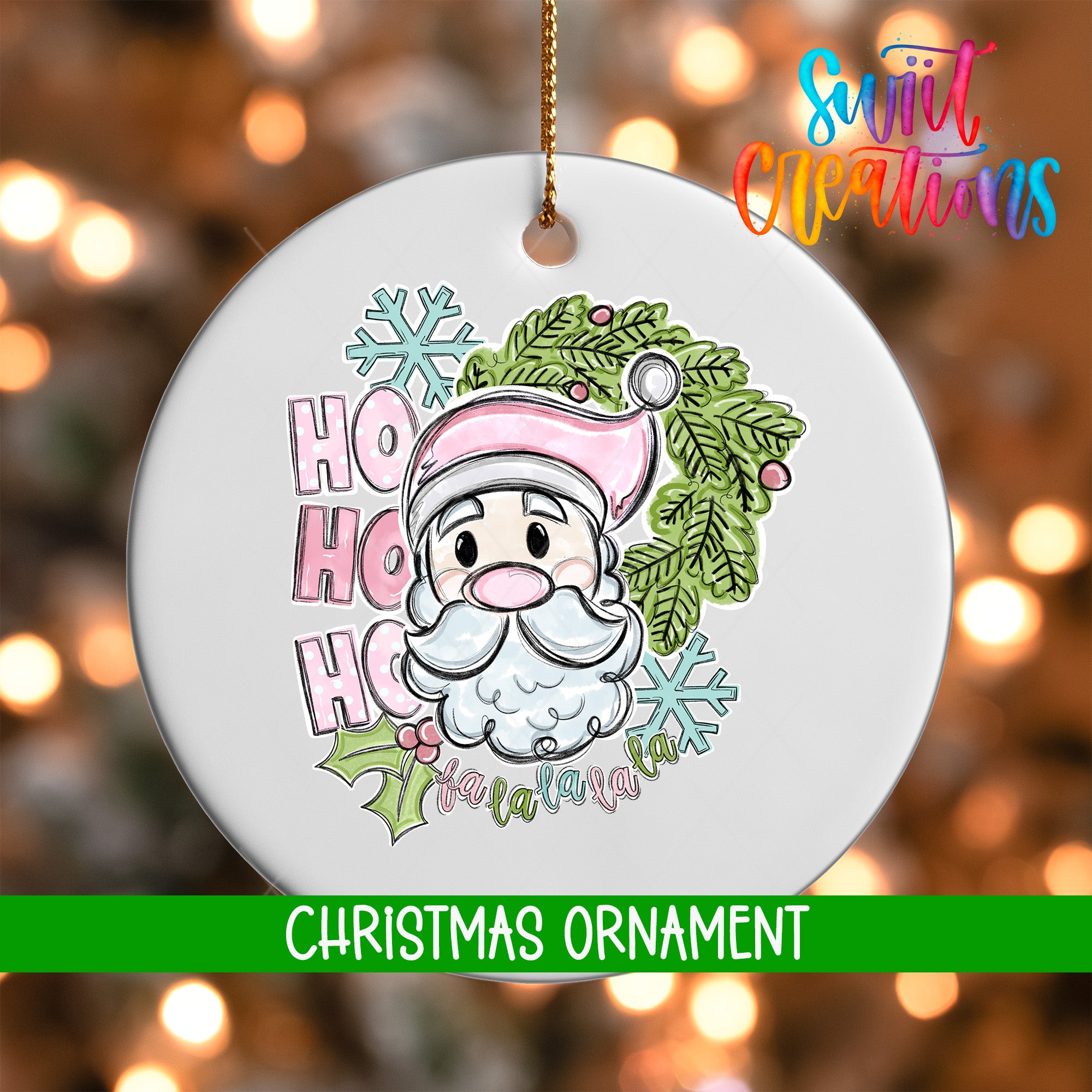 A white Christmas ornament with a Santa Claus face and the text "HO HO HO" is hanging on a string.
