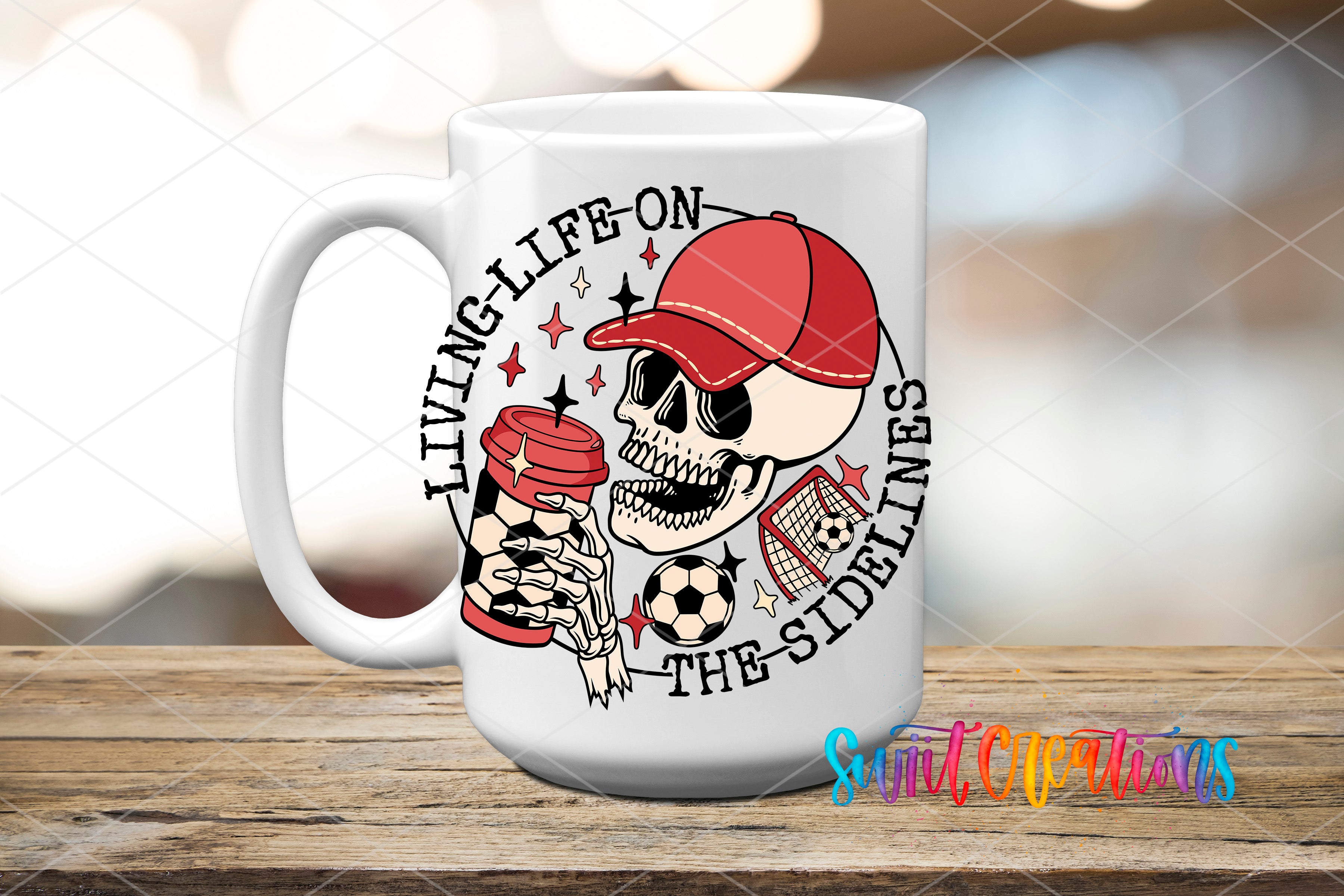 A white ceramic mug with a graphic design featuring a skull wearing a red baseball cap, holding a red cup, and surrounded by soccer balls and a soccer goal.