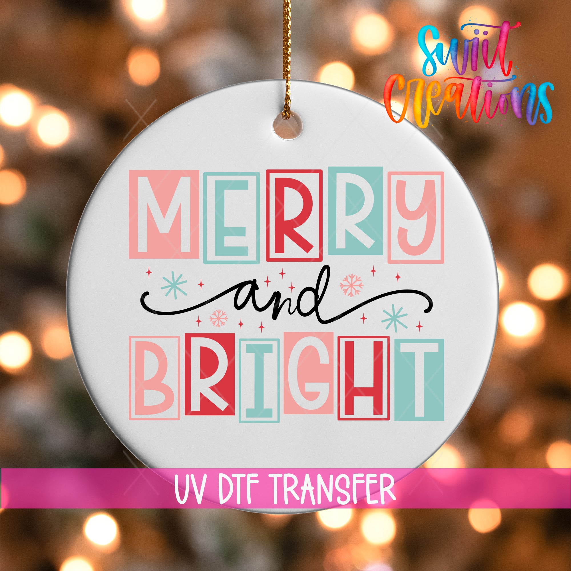 A white ceramic ornament with the text "MERRY AND BRIGHT" in a colorful, stylized font.