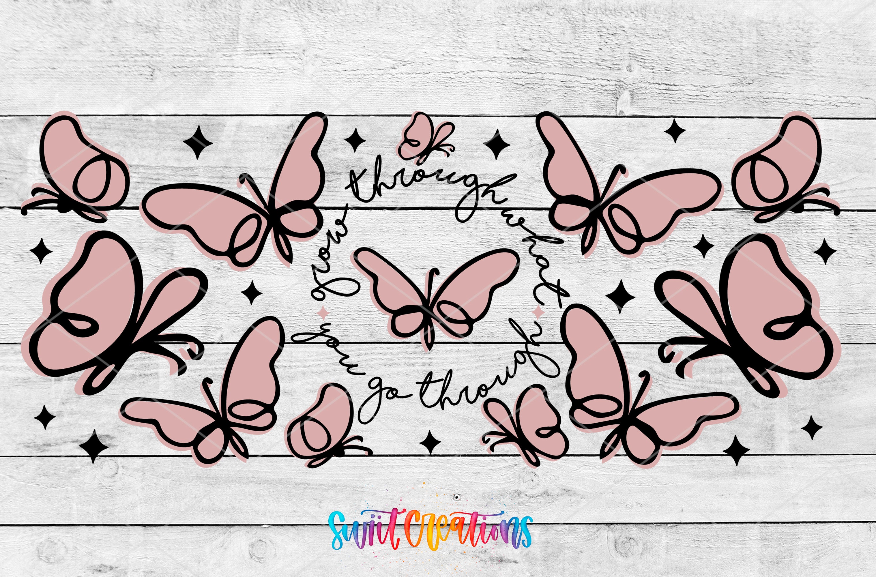 A collection of pink butterflies with the text "You can go through" written around them, set against a white wooden background with small black dots.