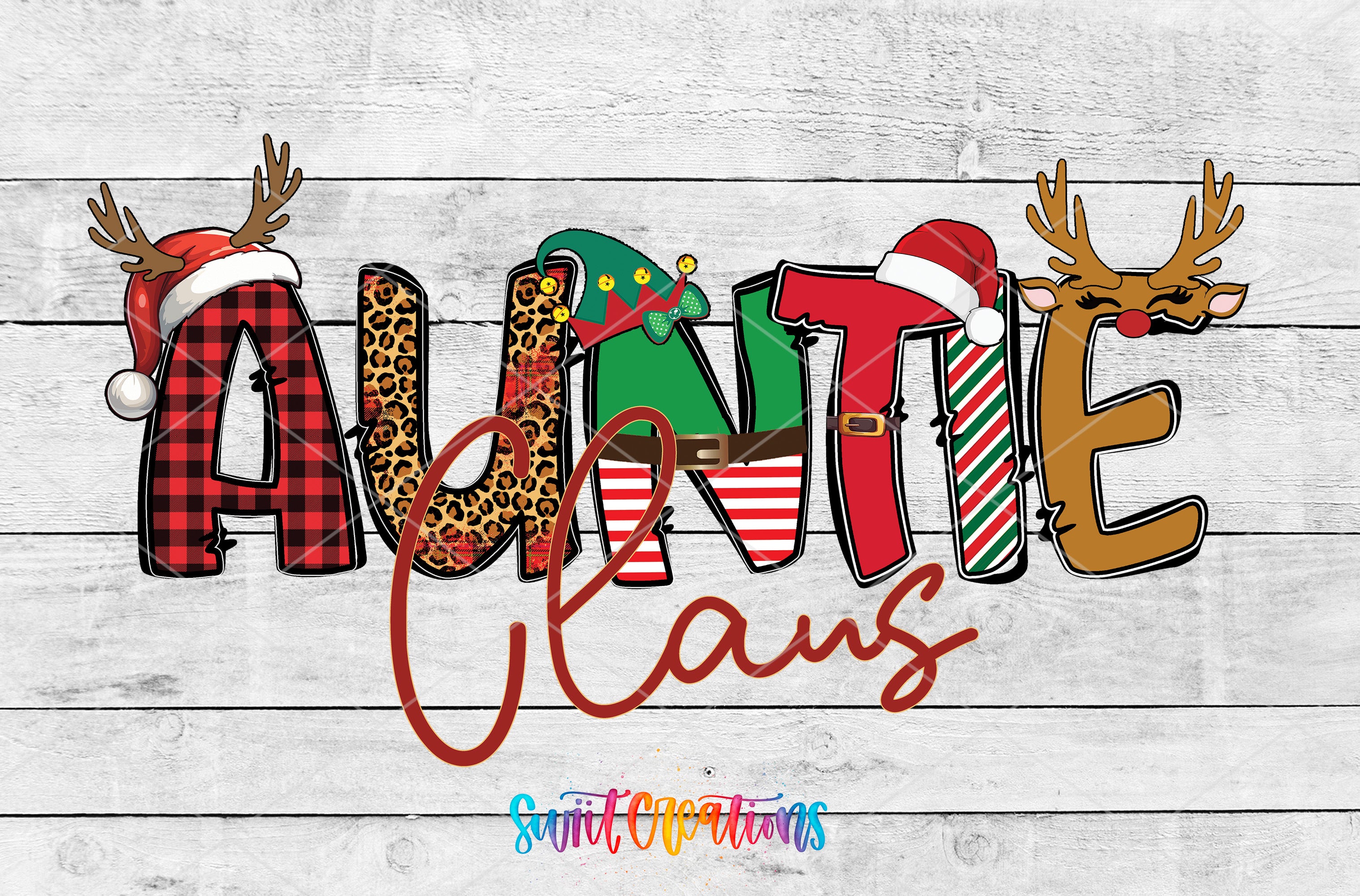 The image is a creative and colorful design featuring the word "Auntie" made up of various animal shapes and holiday-themed elements, such as reindeer, Santa Claus, and a leopard print.