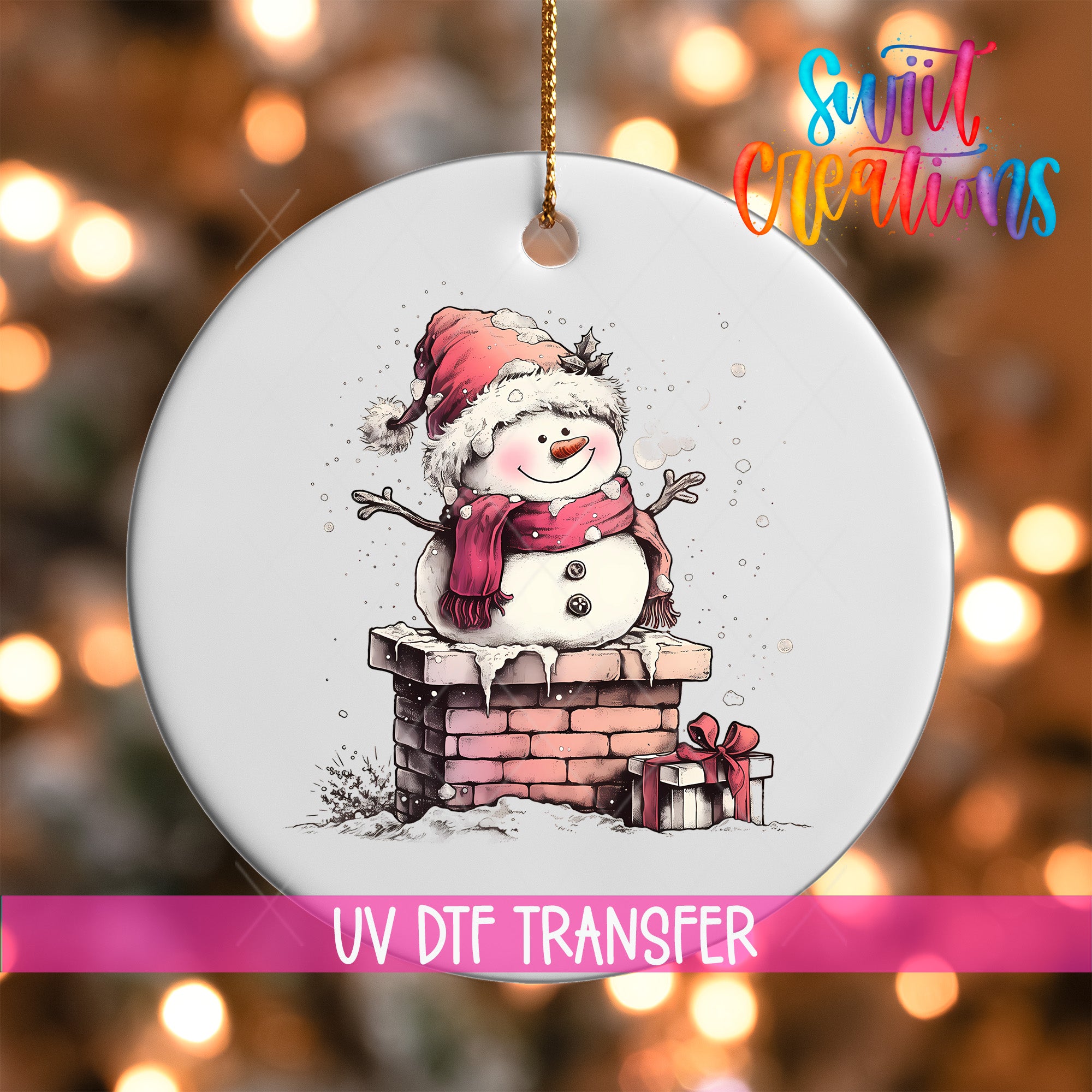 A snowman ornament with a red scarf and hat, sitting on a brick chimney, is hanging against a background of colorful lights.
