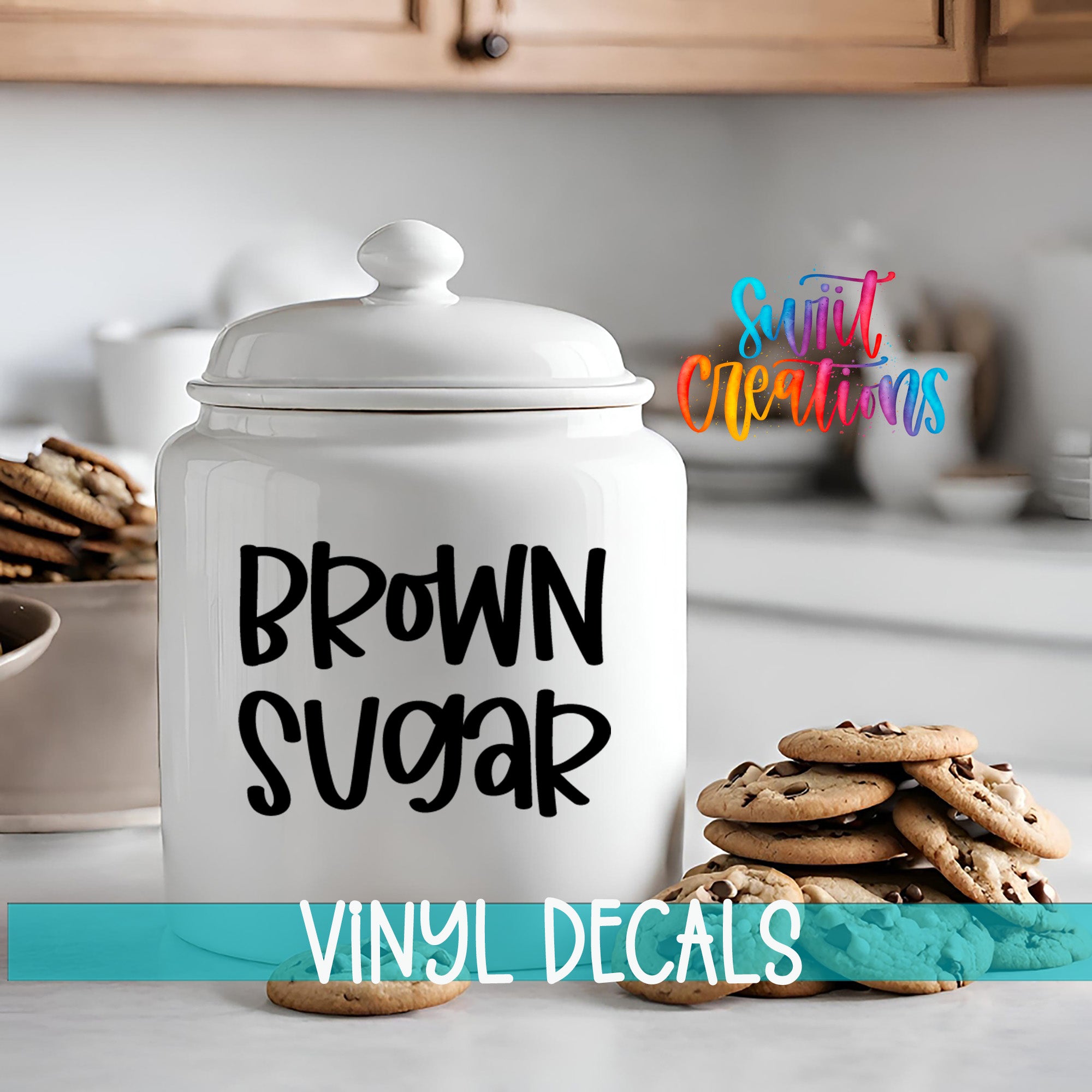 A white ceramic jar labeled "Brown Sugar" sits on a kitchen counter, with a stack of chocolate chip cookies nearby.