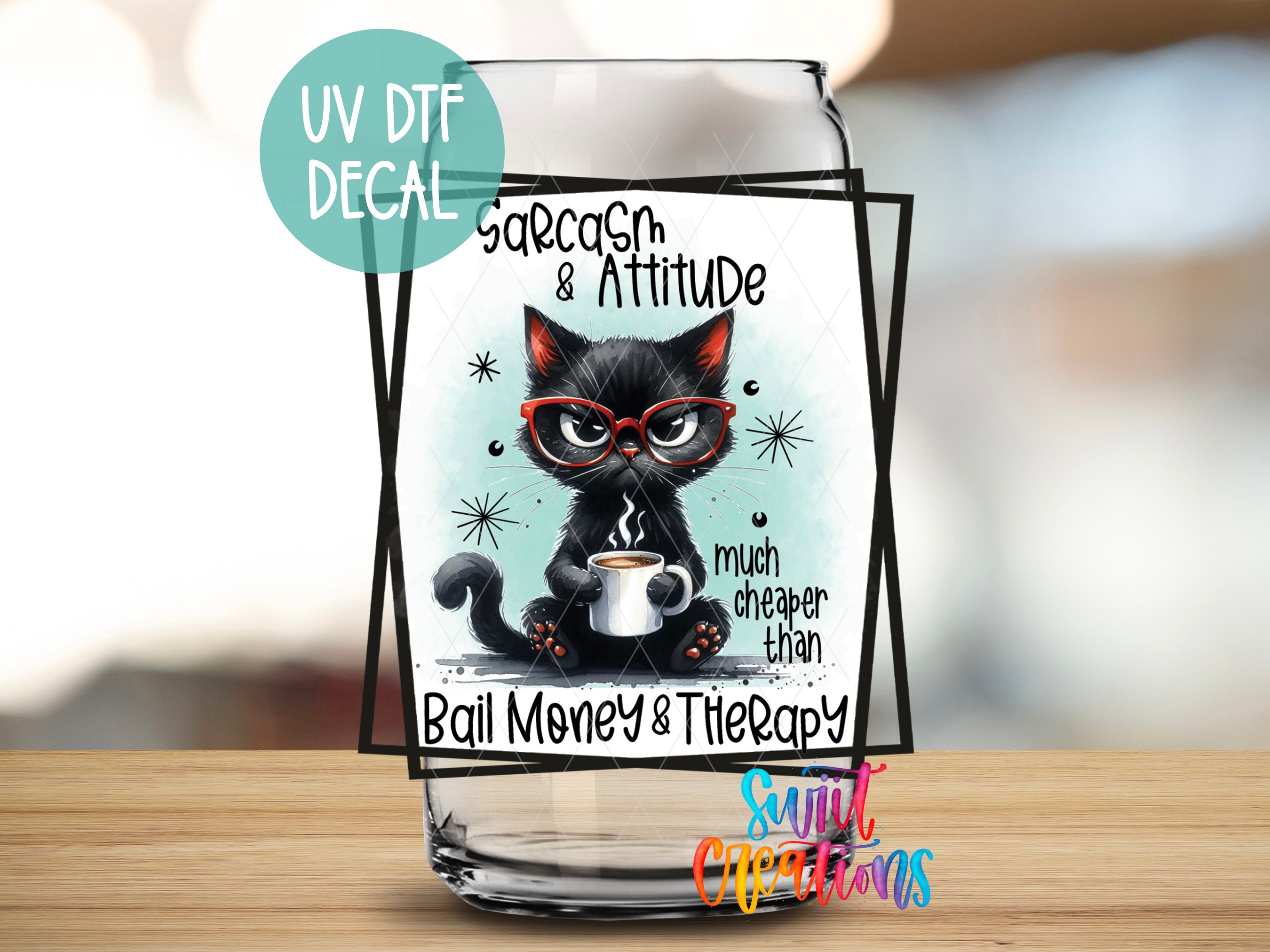 a card with a black cat holding a cup of coffee