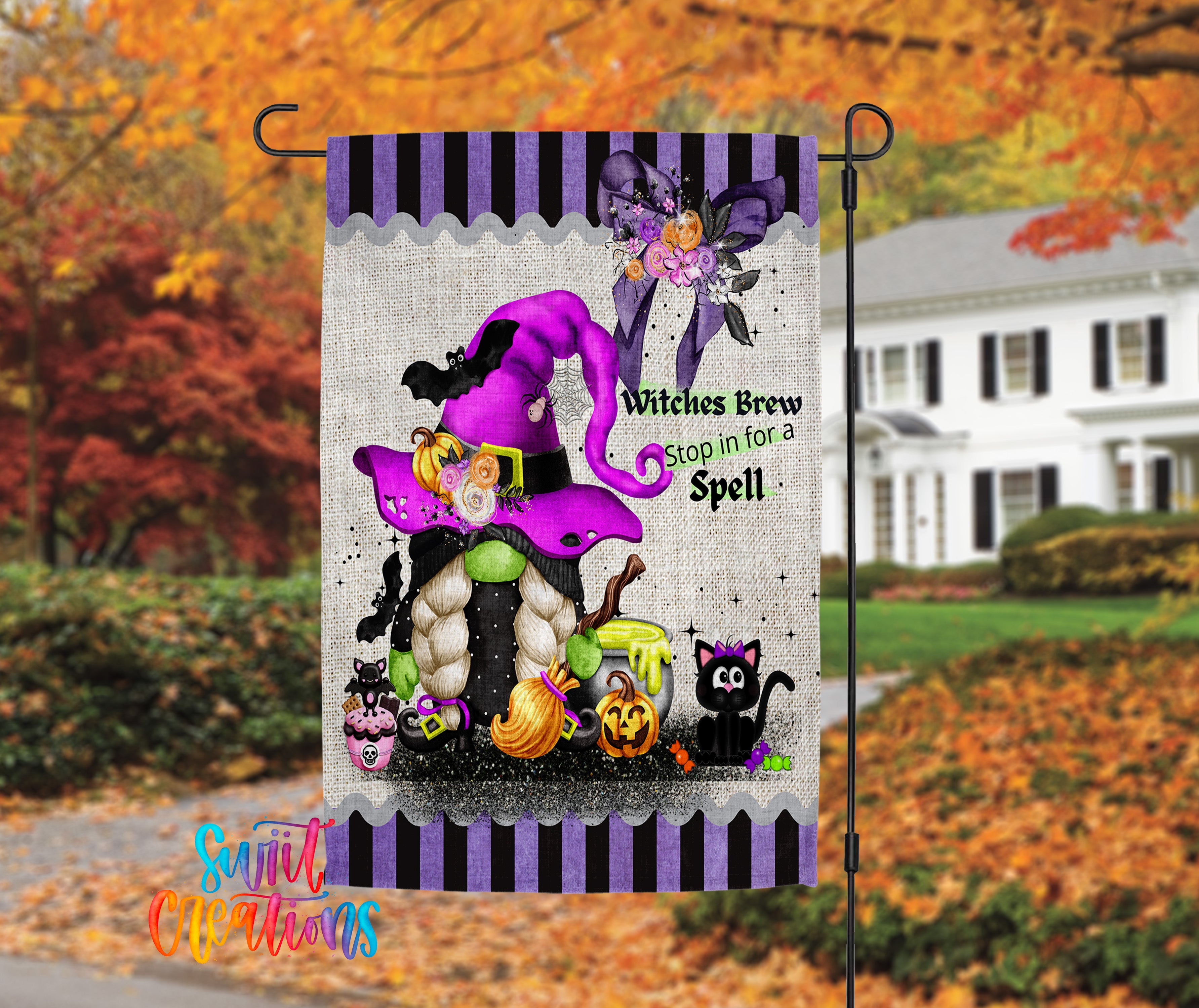 A Halloween-themed garden flag featuring a purple witch's hat, a gnome, a black cat, and various Halloween-related items such as pumpkins and bats.