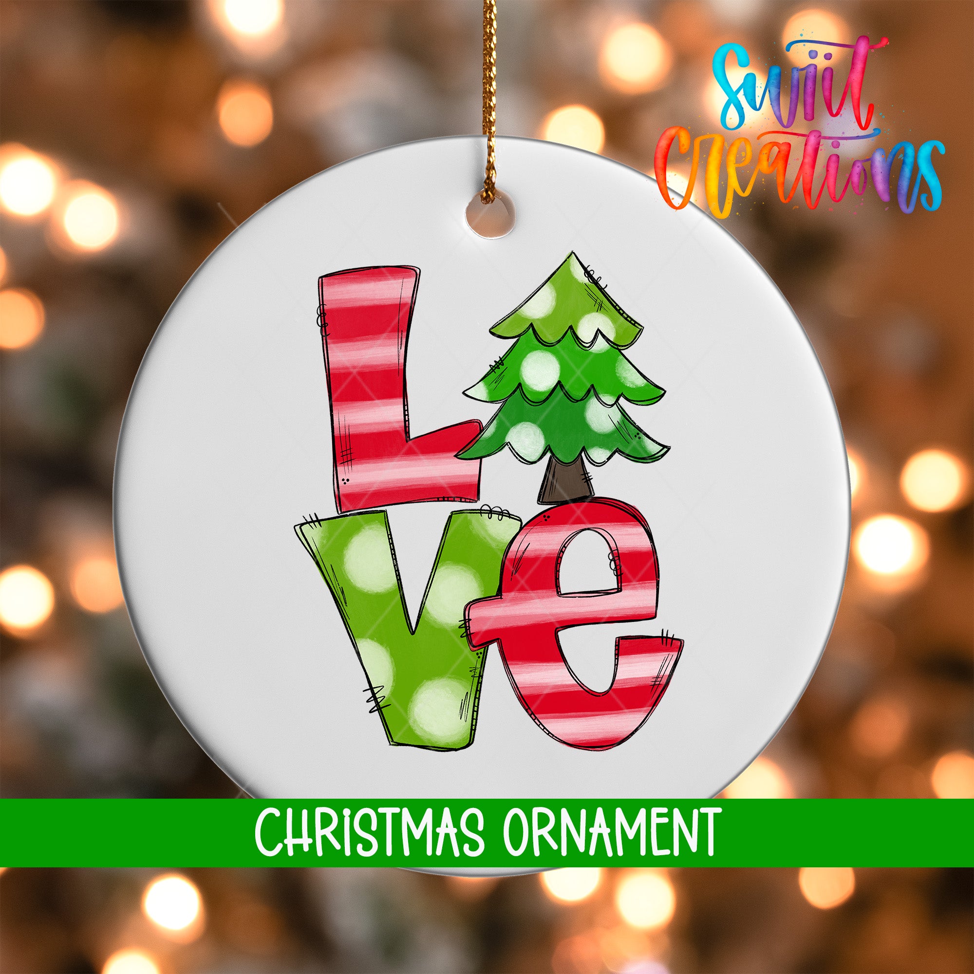 A white Christmas ornament with the word "Love" written in a colorful, stylized font.