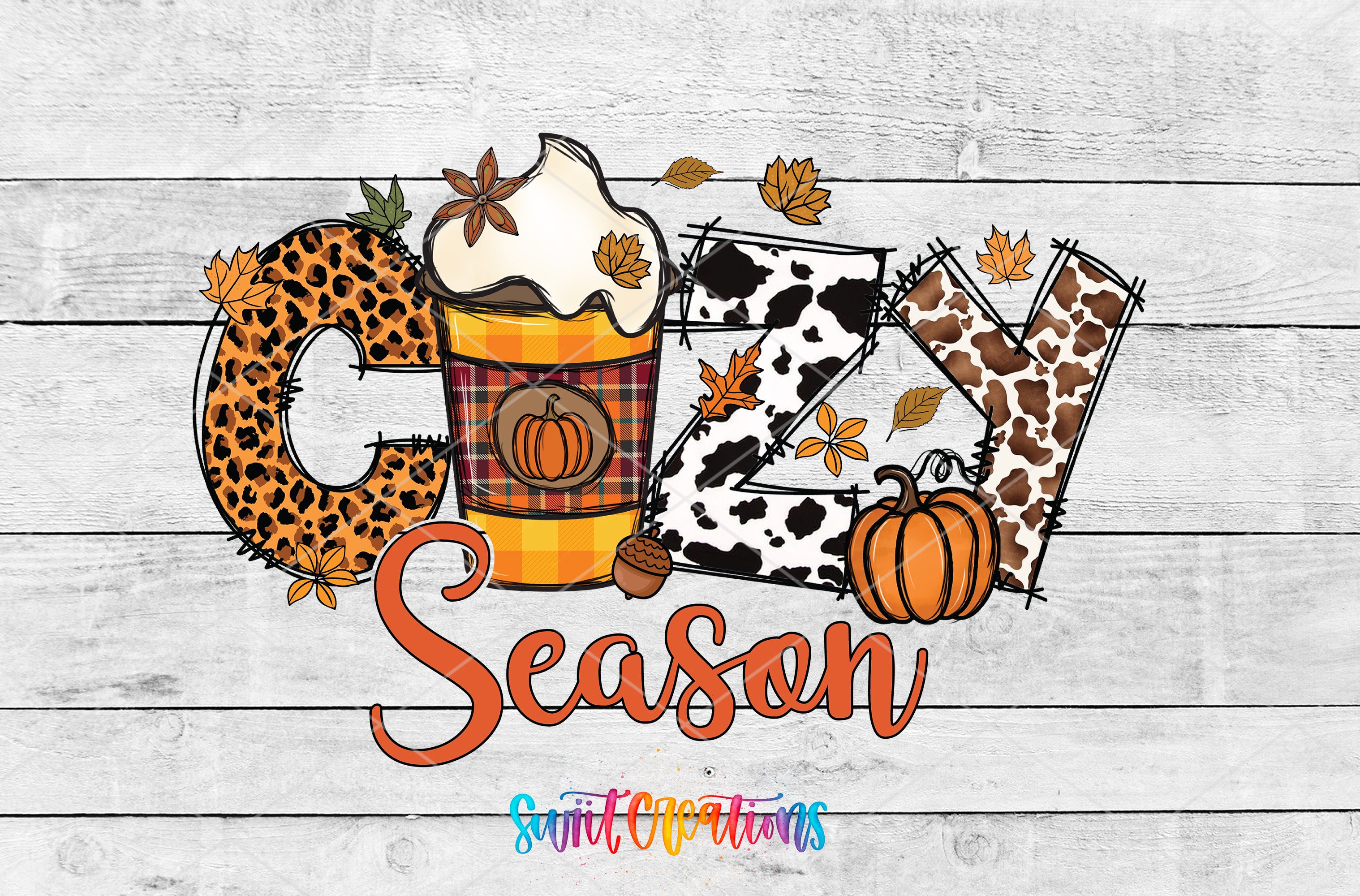 A collage of various fall-themed elements, including a leopard print design, a pumpkin, a whipped cream cup, and the word "Cozy" in a stylized font.