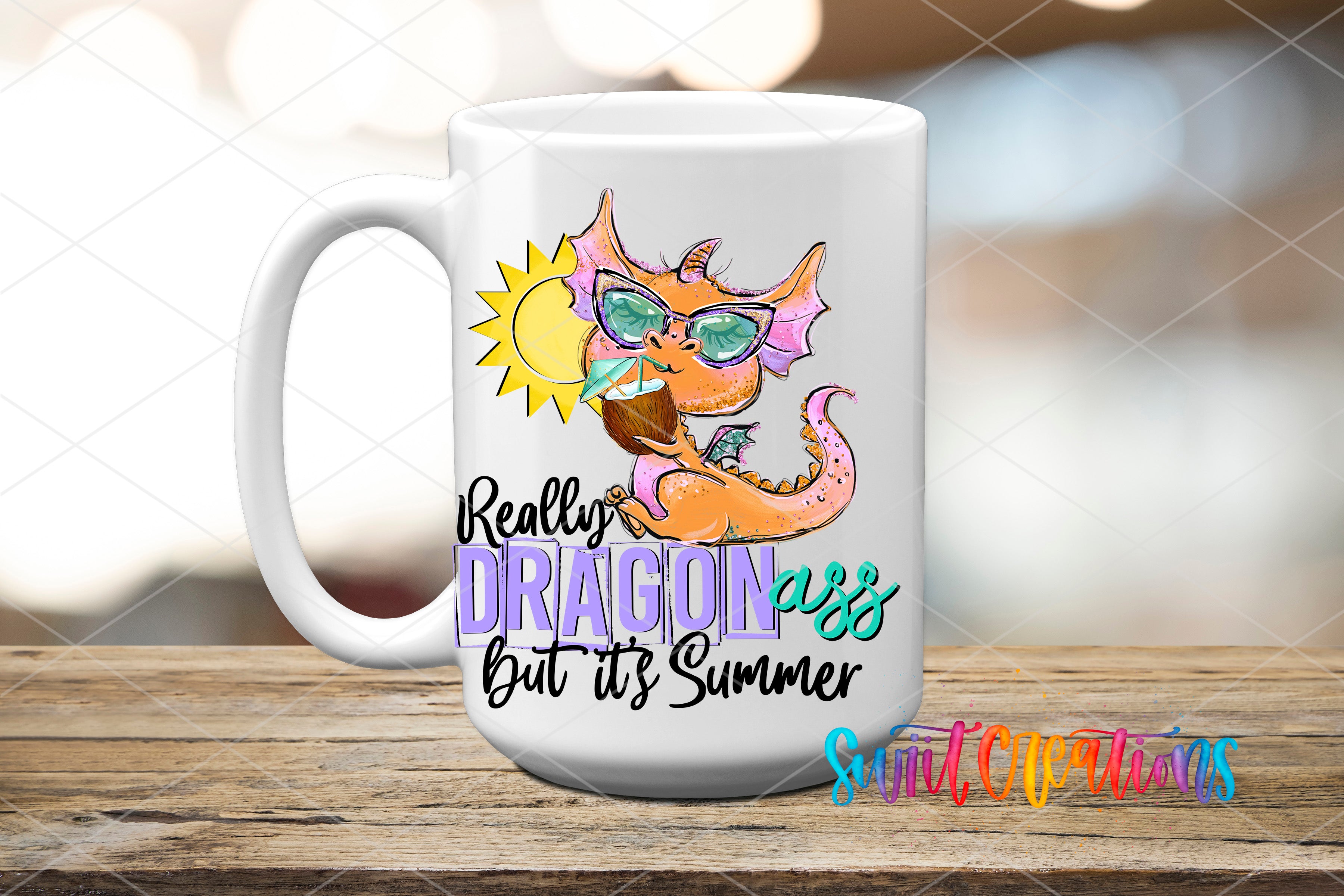 White ceramic mug mockup with the Swiit Creations Really Dragonass Summer UV DTF transfer