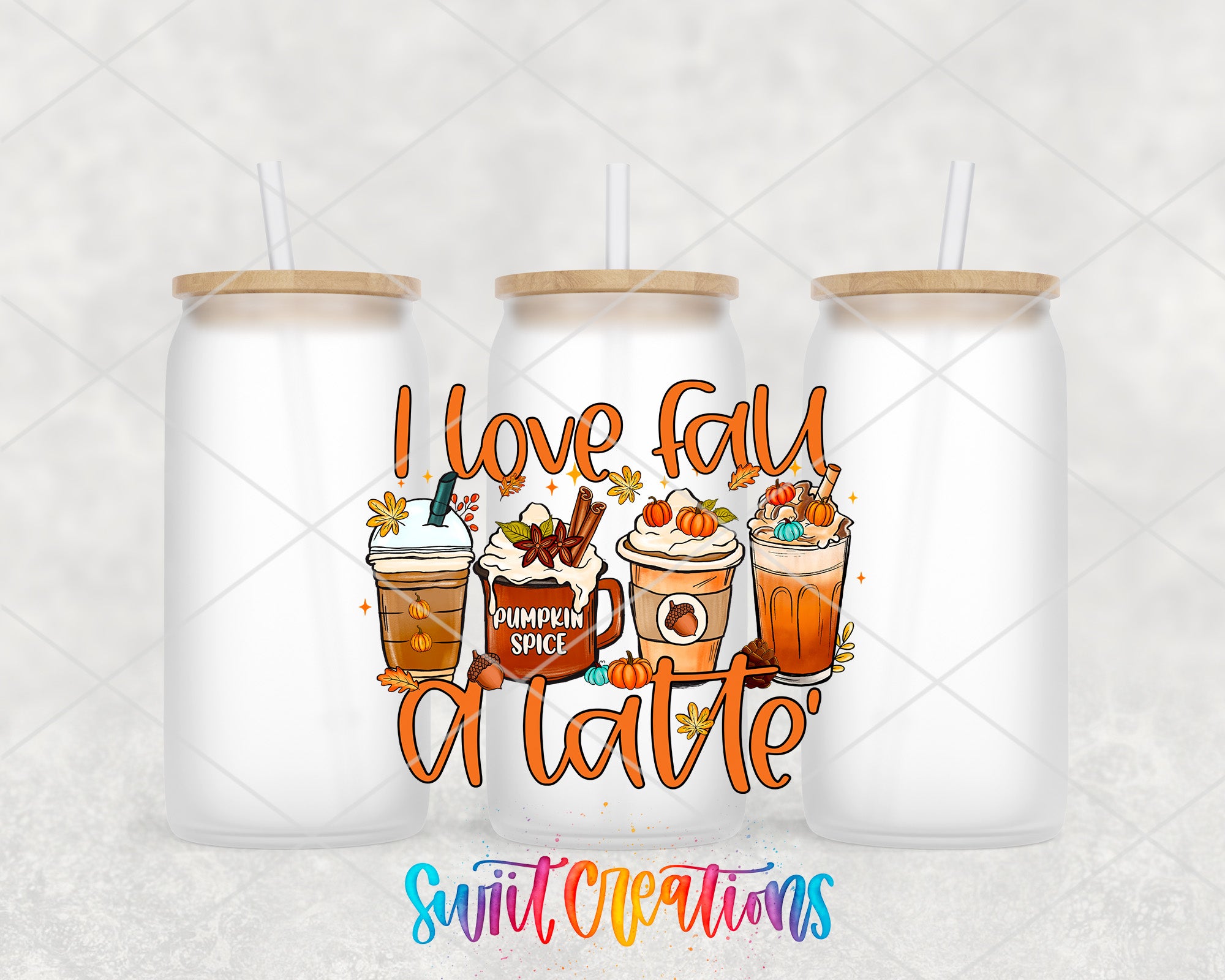 three white tumblers with straws, each containing a different type of autumn-themed beverage, such as pumpkin spice, latte, and iced coffee. The text "I love fall, a latte" is displayed prominently in the center of the image, and the phrase "Switcraft Creations" is written at the bottom.