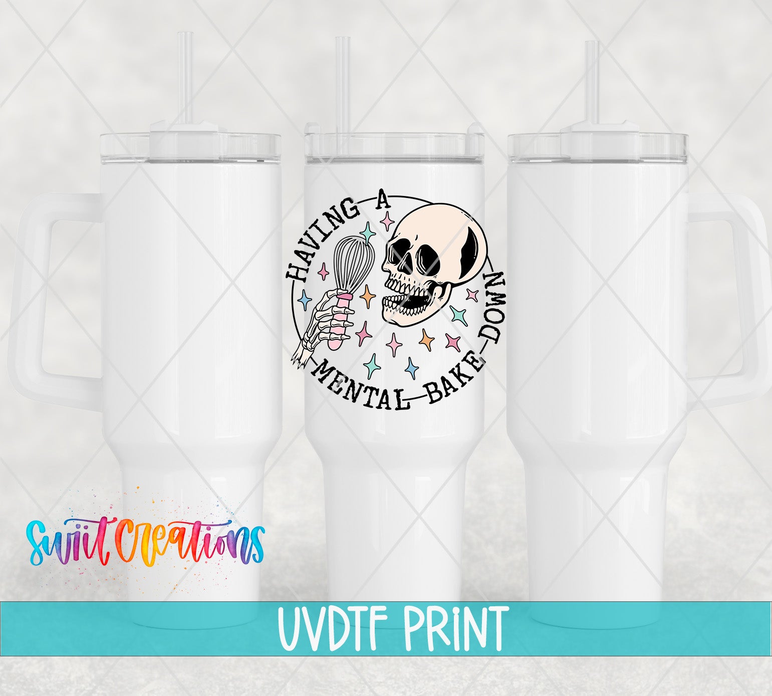 a white ceramic mug with a skull design and text, along with a watermark that says "Swit Creations UVDF Print".