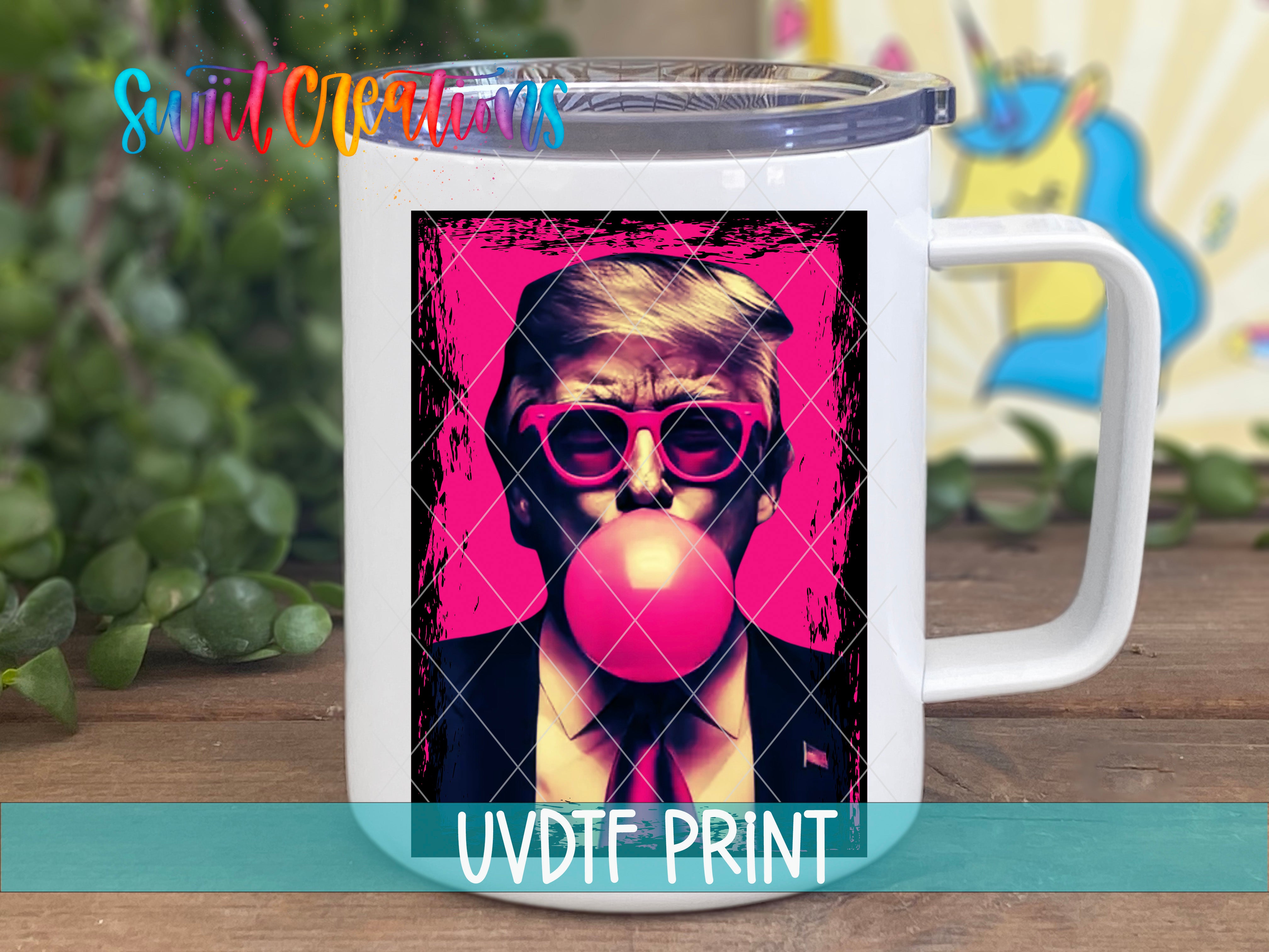 a white coffee mug with a picture of a man blowing a bubble