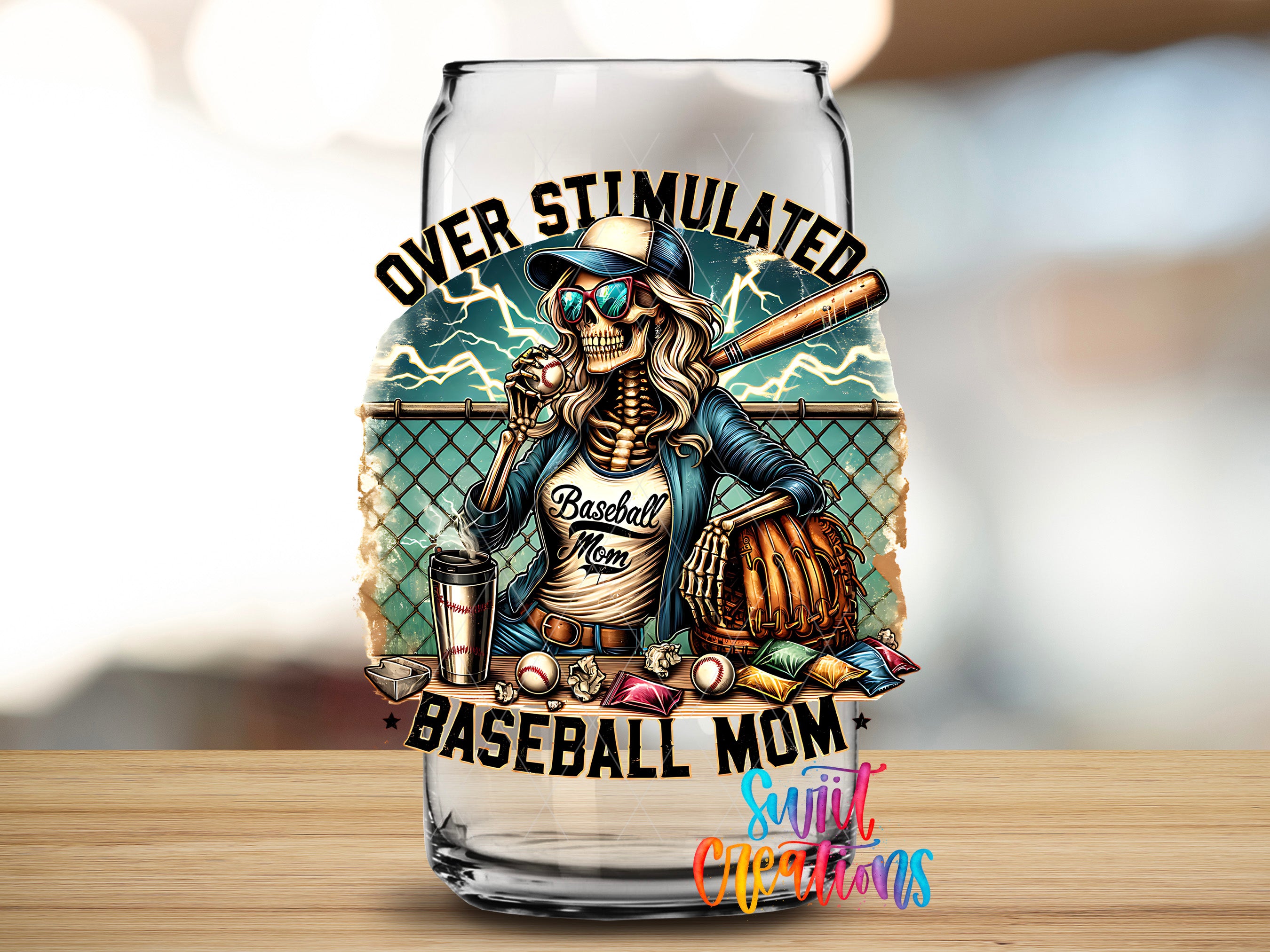 a glass can with a baseball-themed design, including a skeleton wearing a baseball uniform and holding a baseball bat.