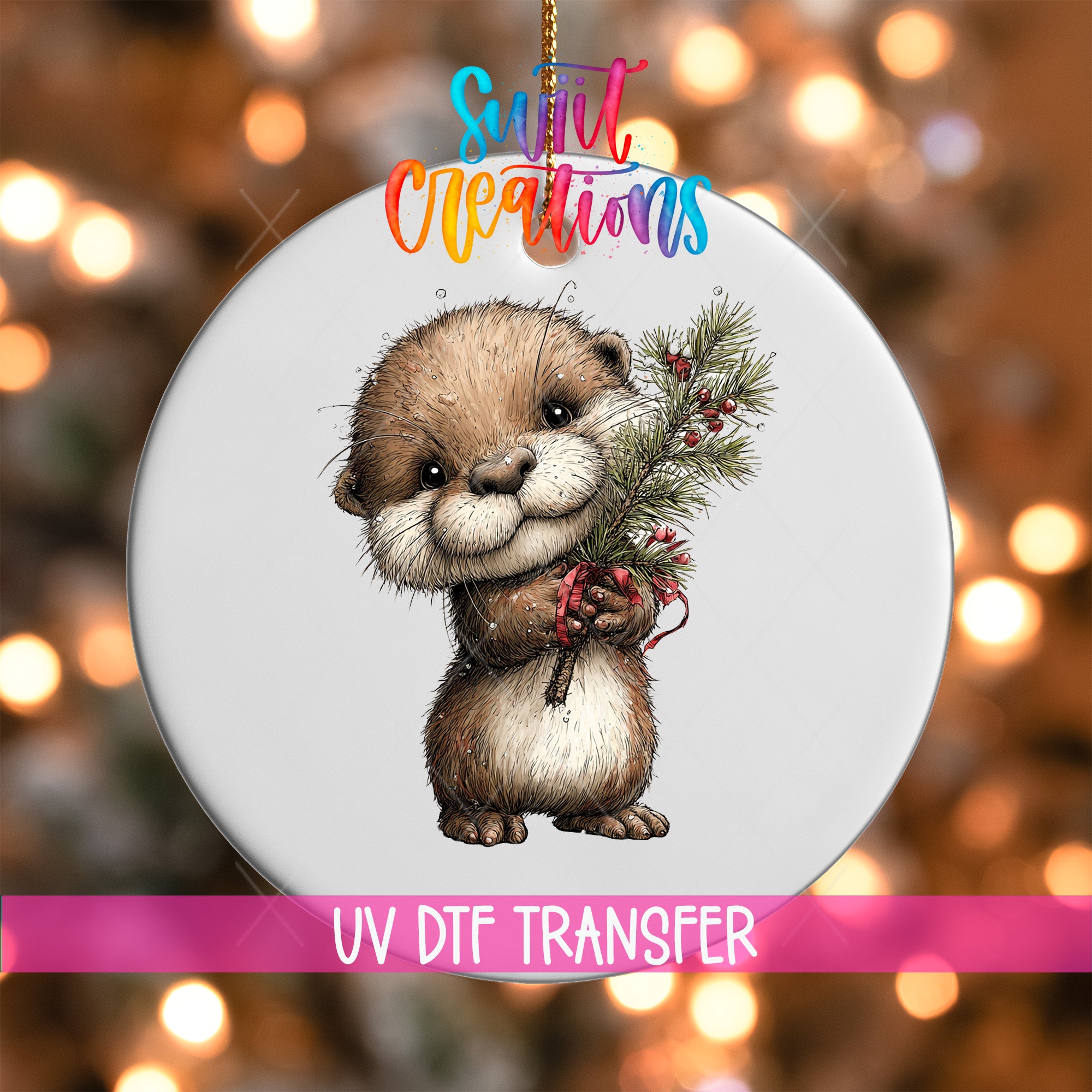 A ceramic ornament featuring a cute otter holding a pine branch with berries.