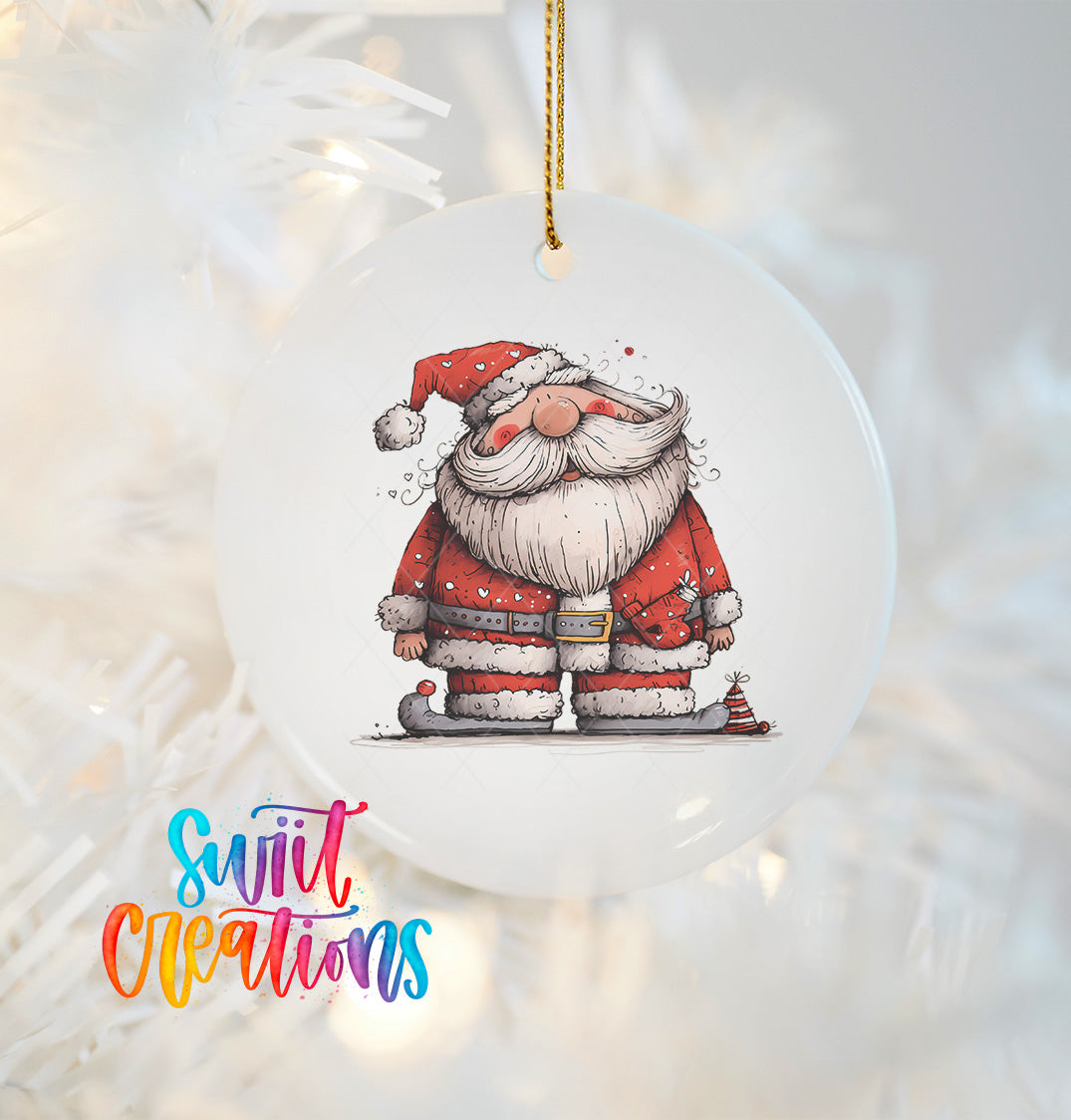 A white ornament featuring a cartoon illustration of Santa Claus wearing a red suit and hat, with a cup in his hand.