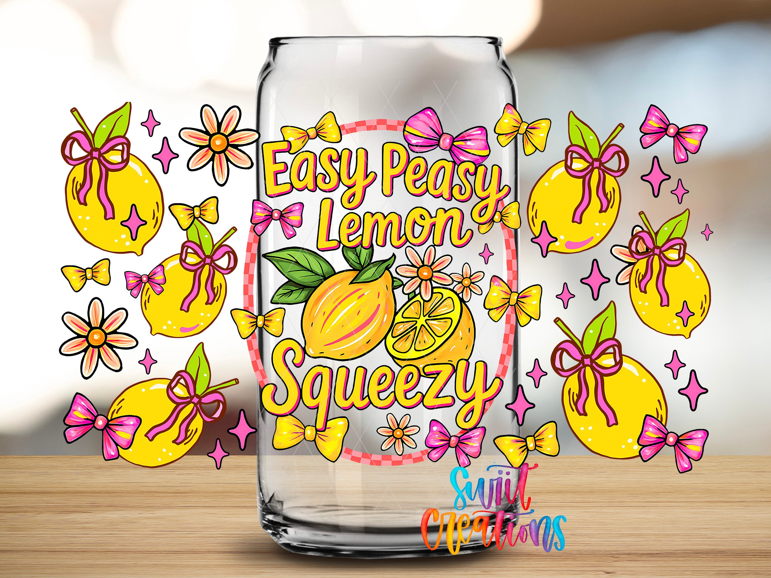 a glass jar with a label that reads "Easy Peasy Lemon Squeezy" surrounded by various illustrations of lemons, flowers, and bows.