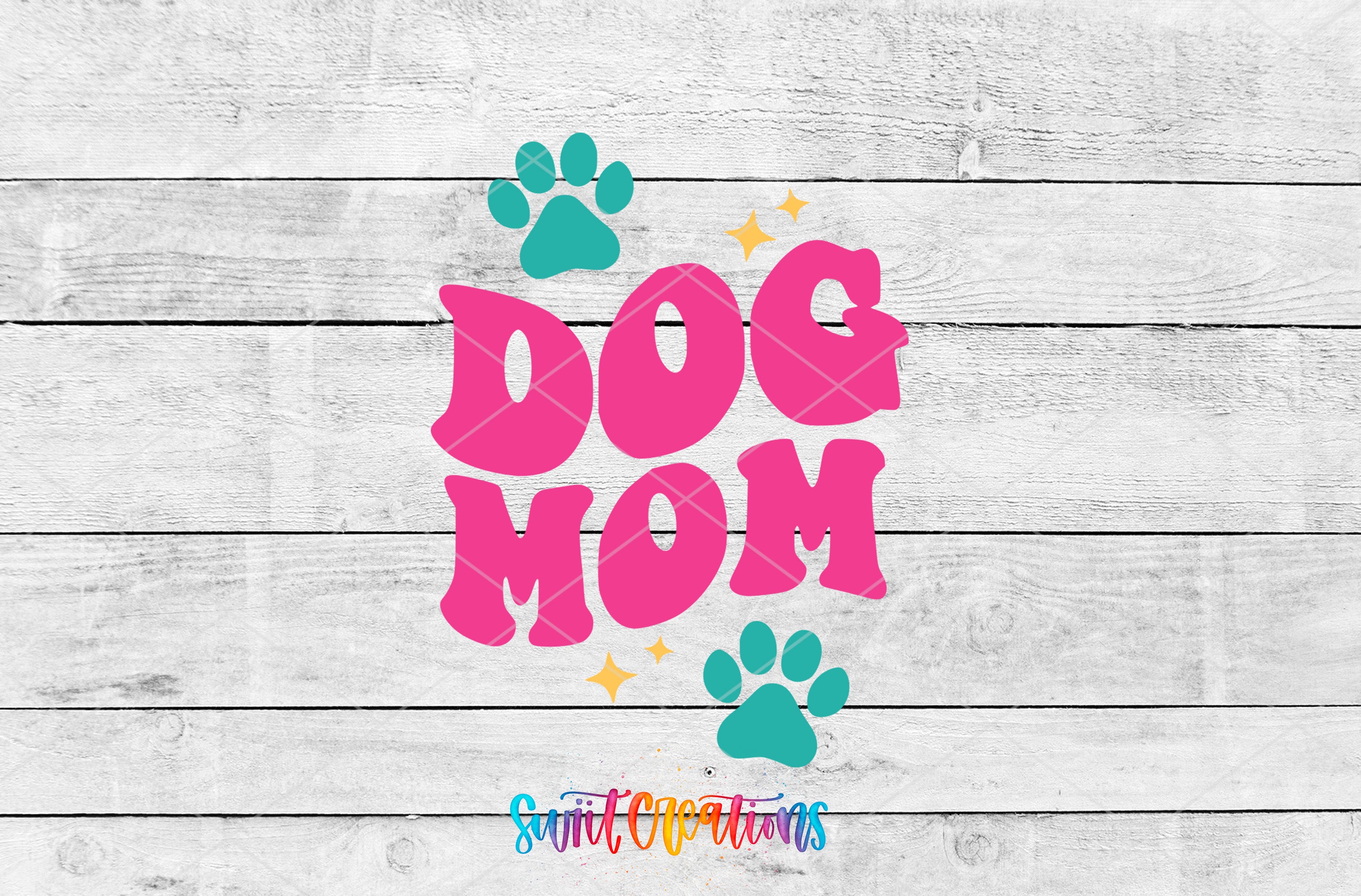 a colorful graphic design with the text "DOG MOM" in large pink letters, surrounded by paw prints in teal and yellow colors.