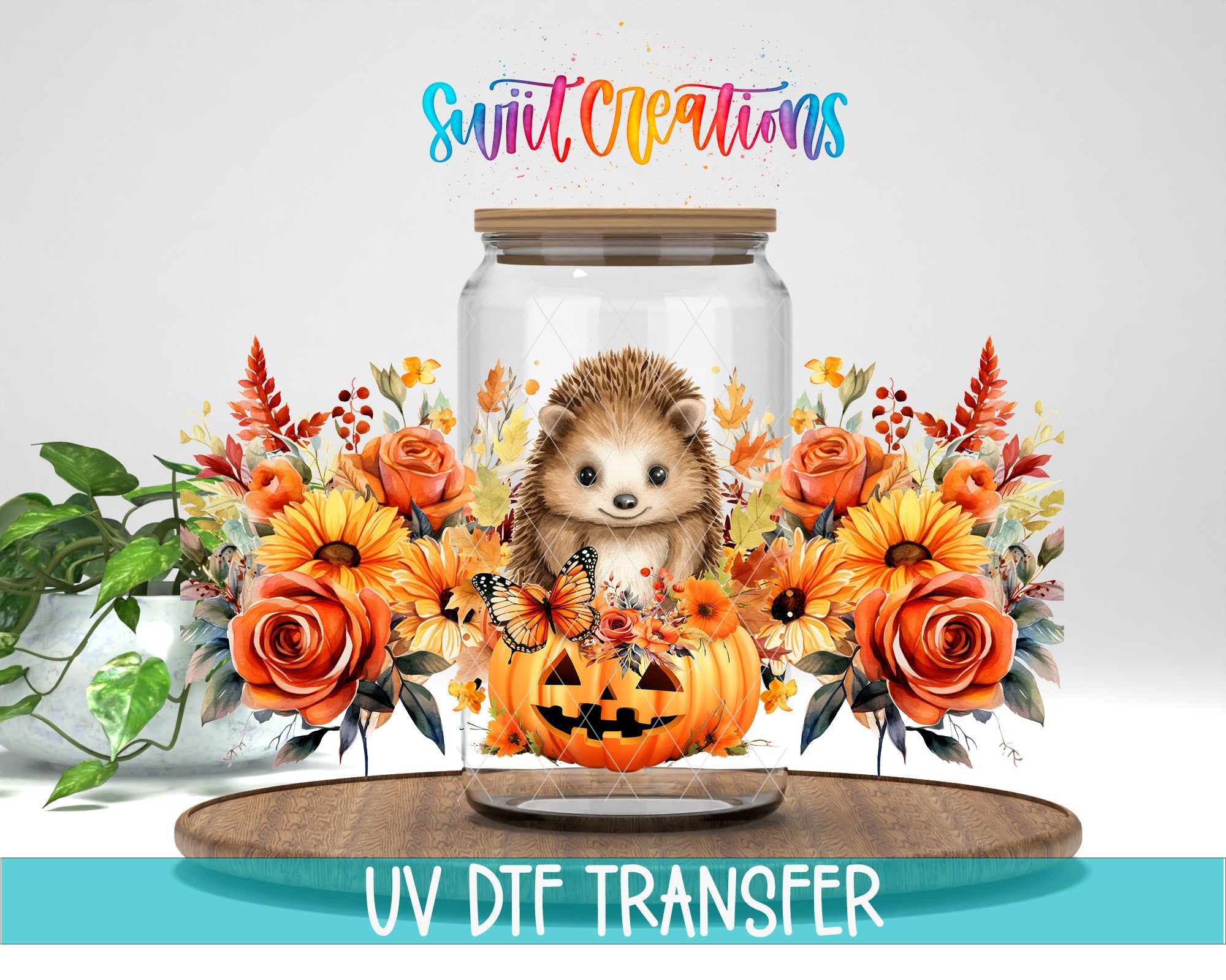 A glass jar containing a hedgehog surrounded by a floral arrangement, including sunflowers, roses, and a pumpkin. The text "Swift Creations" is written above the jar, and "UV DFT Transfer" is written below it.