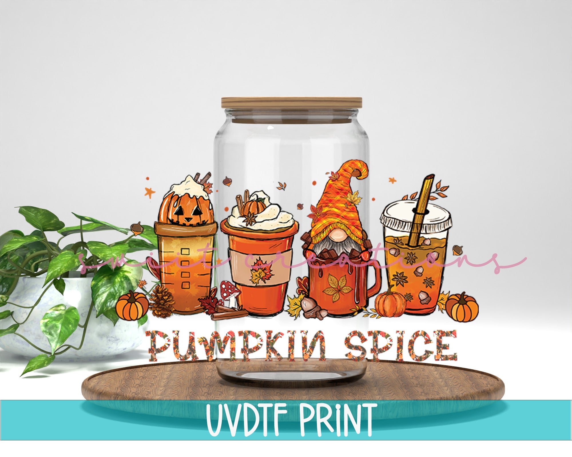 a glass jar filled with pumpkin spice next to a potted plant