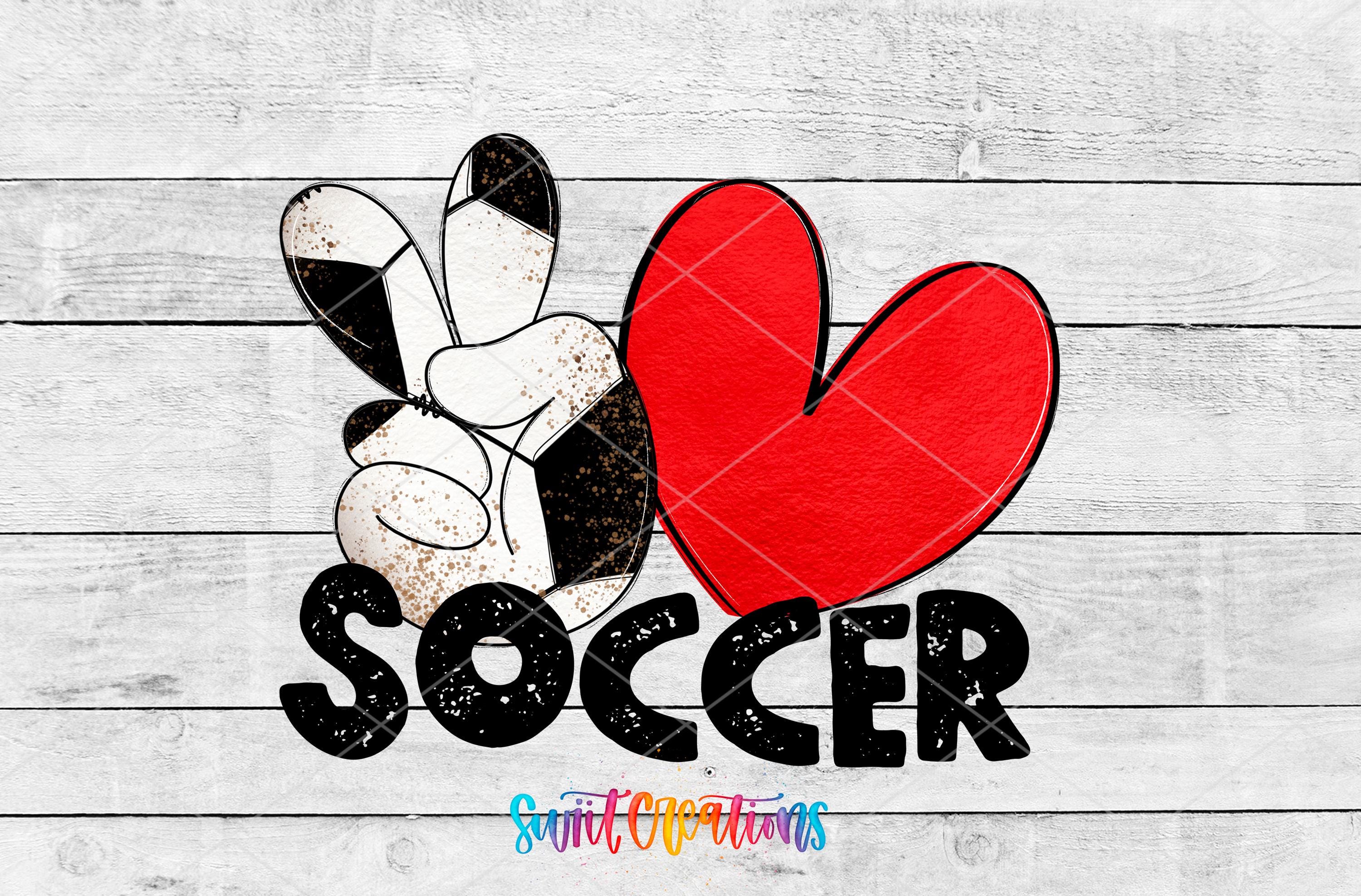 a soccer player holding up a peace sign with a large red heart and the word "SOCCER" written below it.