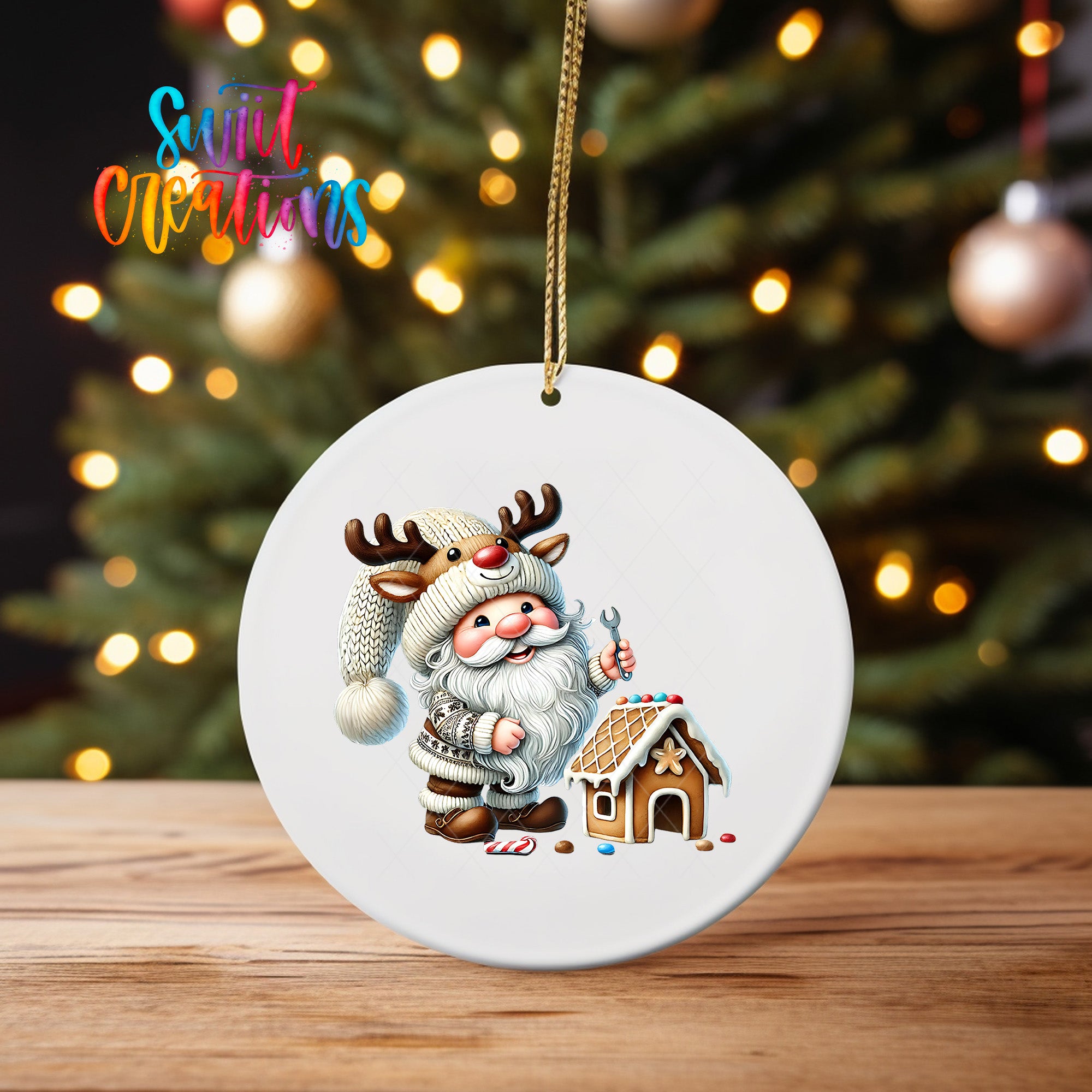 A white ornament featuring a cartoon Santa Claus holding a candy cane and standing next to a gingerbread house, with a blurred background of Christmas lights.
