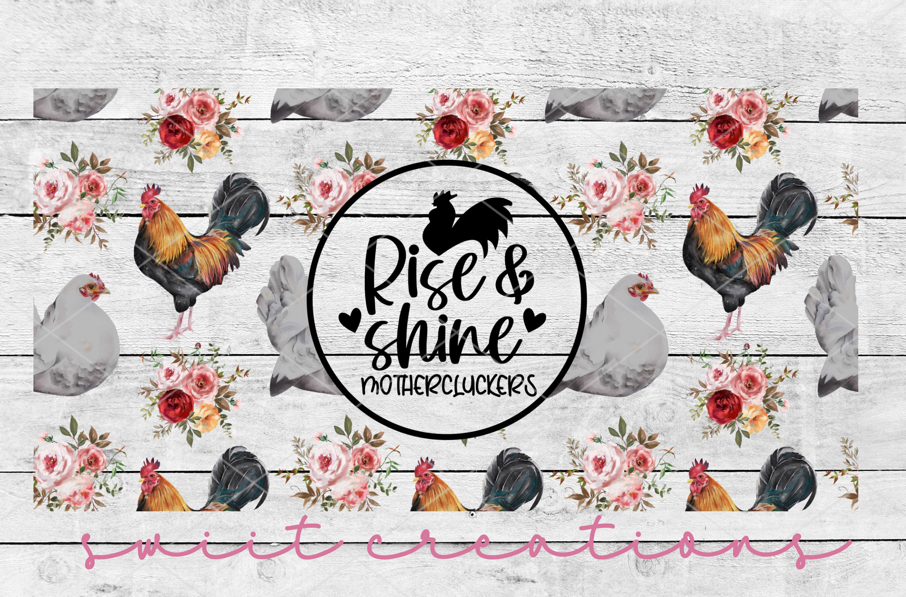 roosters and roses on a white wood background
