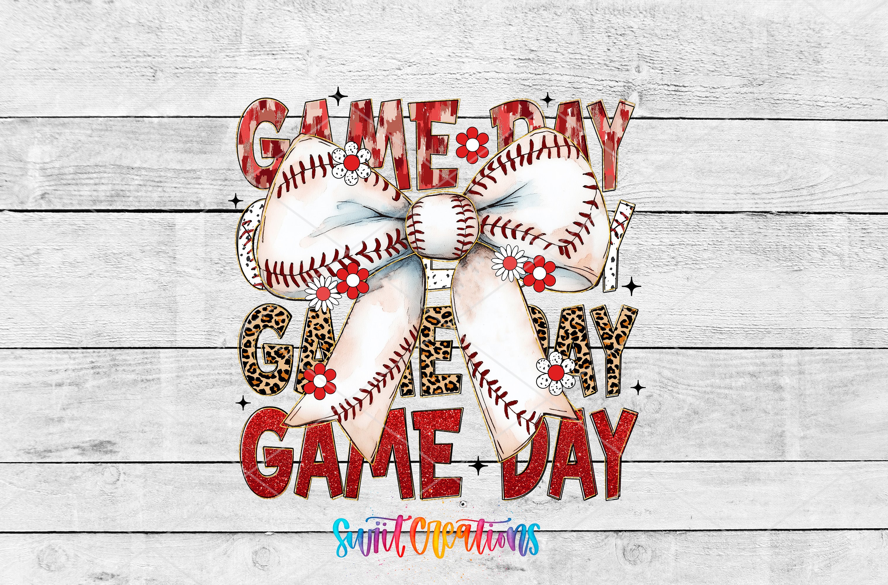 a collage of various baseball-related images, including a baseball, a baseball glove, and a baseball field, all set against a white wooden background. The text "GAME DAY" is prominently displayed in the center, with the words "GAMEDAY" and "GAMEDAY" repeated throughout the image.