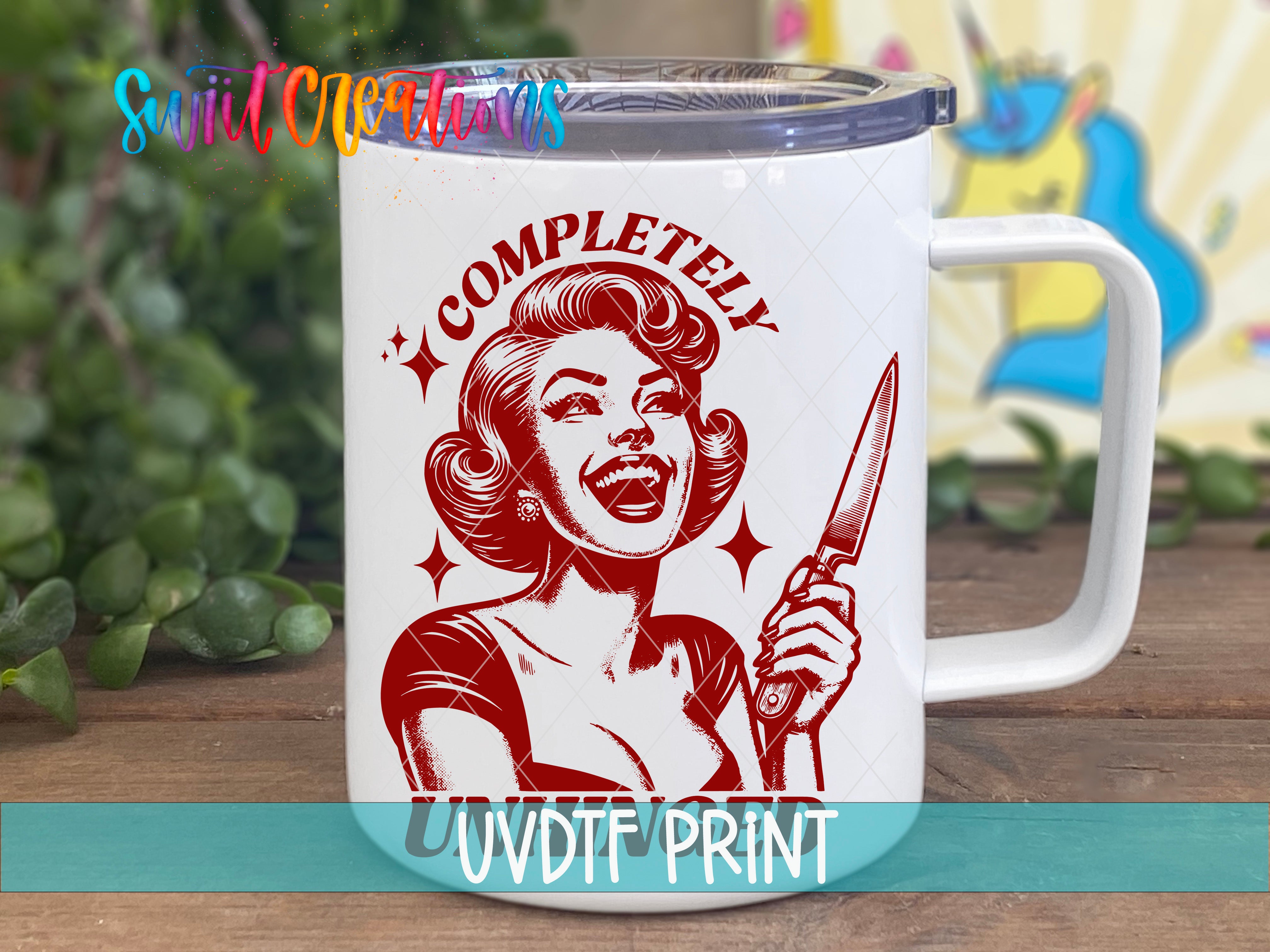 a coffee mug with a picture of a woman holding a knife