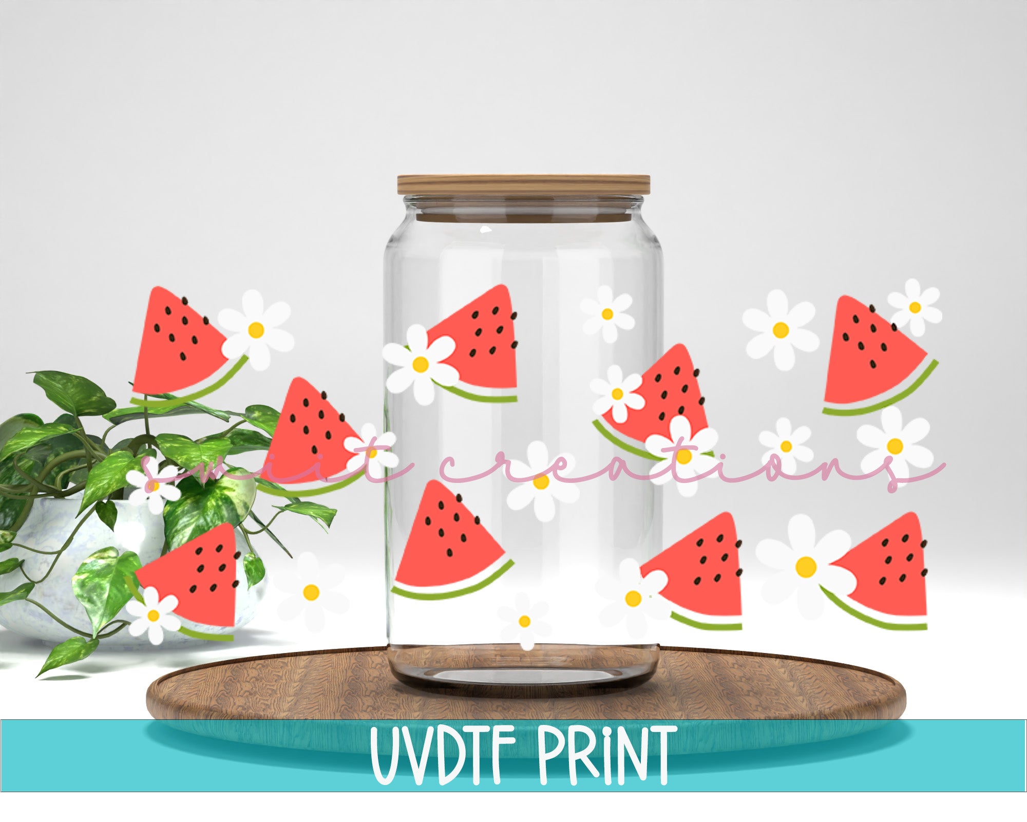 a glass jar filled with watermelon slices and daisies