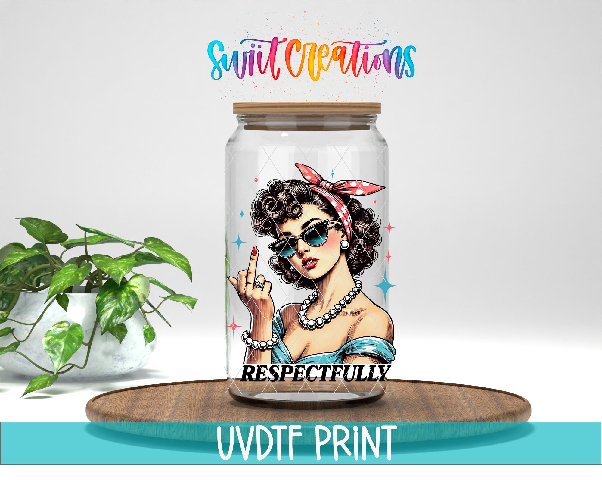 a glass jar with a colorful illustration of a woman wearing sunglasses and a red bandana, along with the text "RESPECTFULLY" and "Swift Creations" written above it.