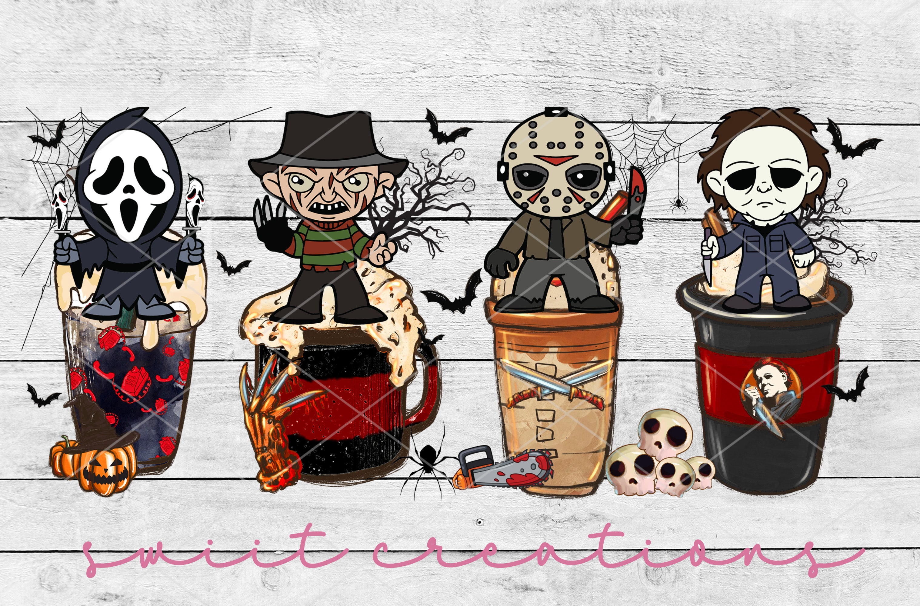 a group of halloween characters sitting on top of a table